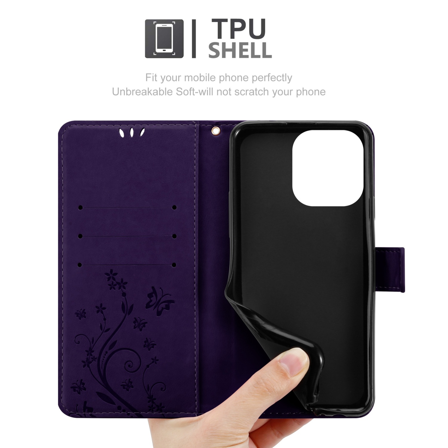 Lila Handyhülle mit floralem Design; eine Hand hält das Telefon.