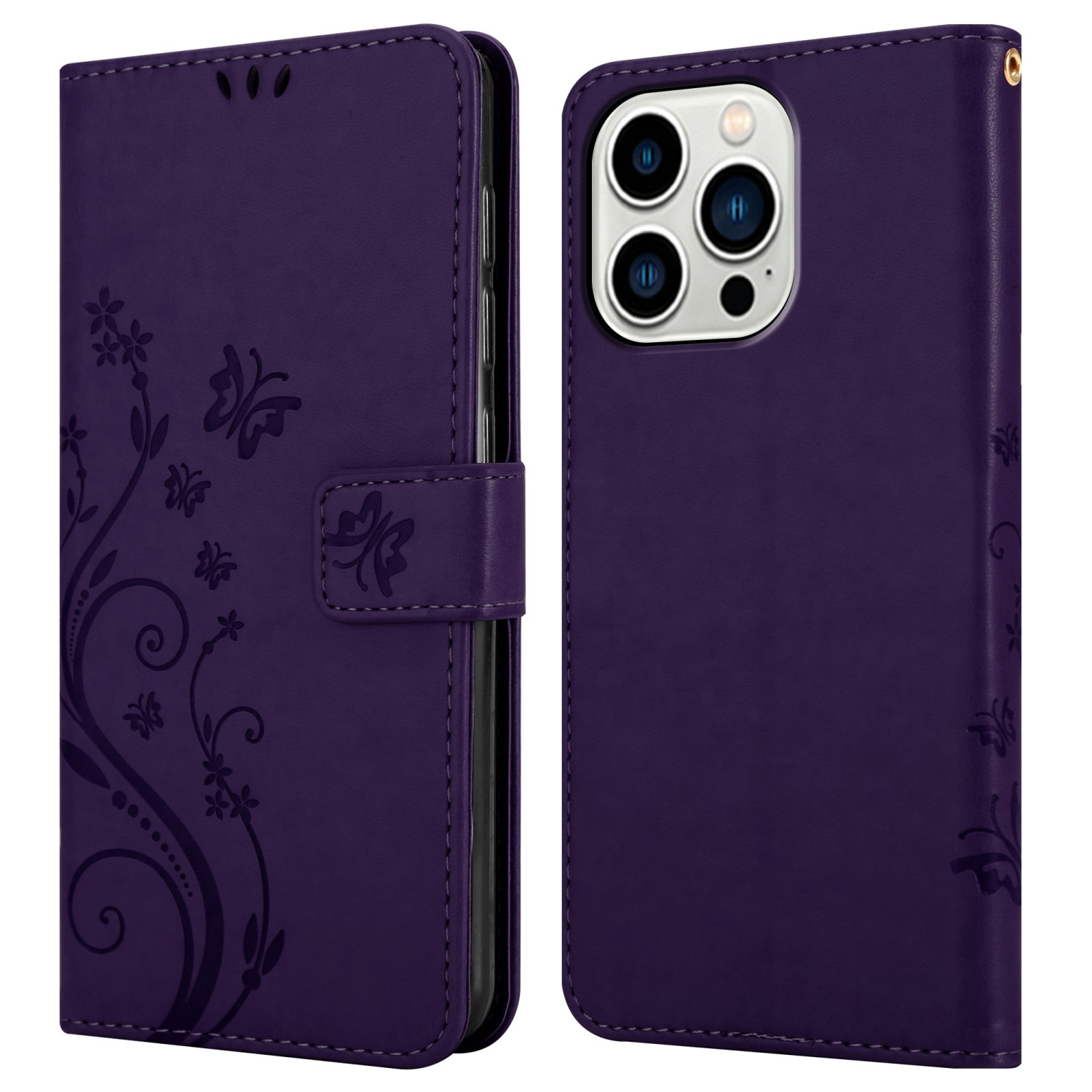 Lila Handyhülle mit Blumendesign. Offen, Telefon zeigend. Geschlossen, Telefonkamera zeigend.