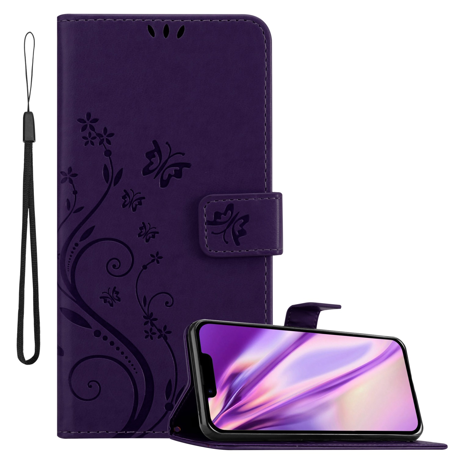 Lila Handyhülle mit Schmetterlingsdesign. Telefon innen. Handschlaufe links.