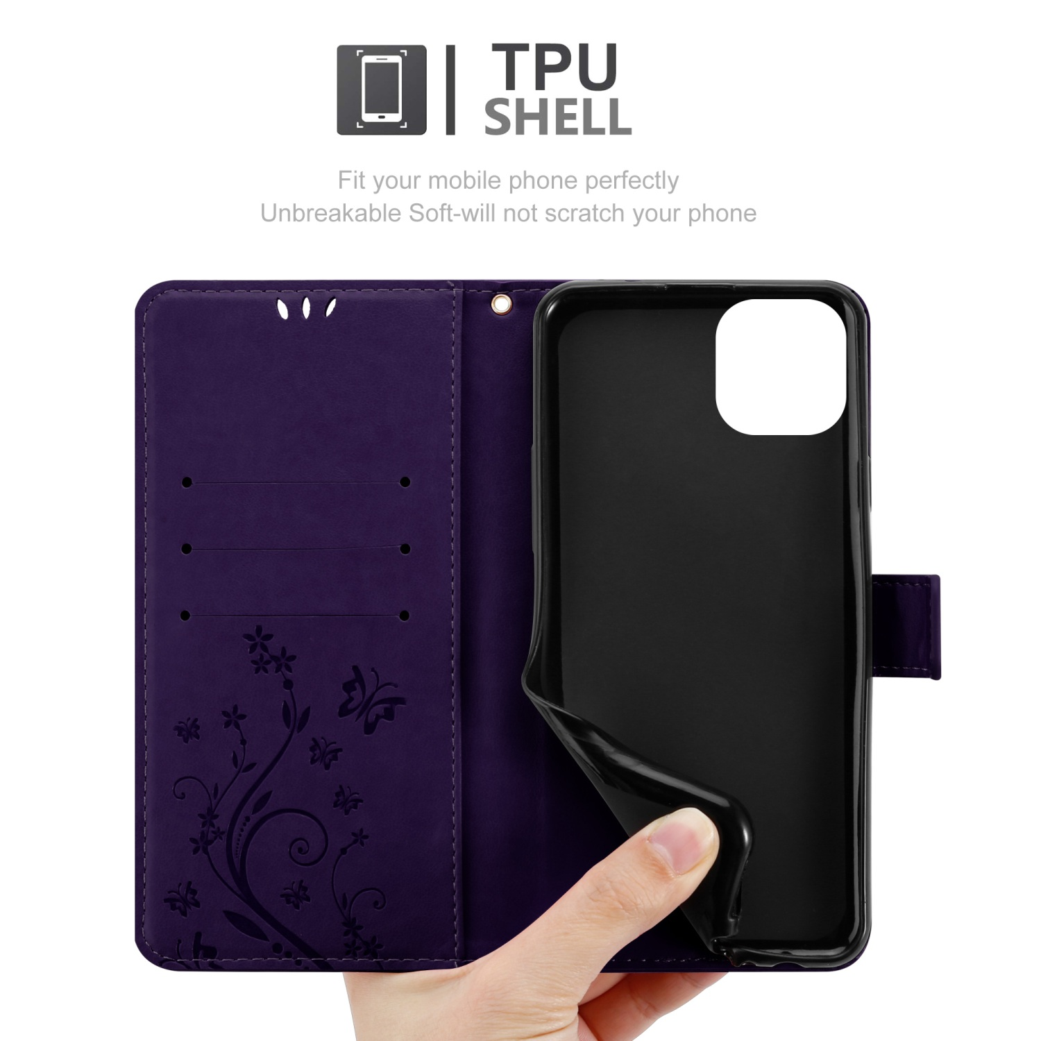 Lila Handyhülle mit floralem Design, offen, zeigt ein Telefon im Inneren.