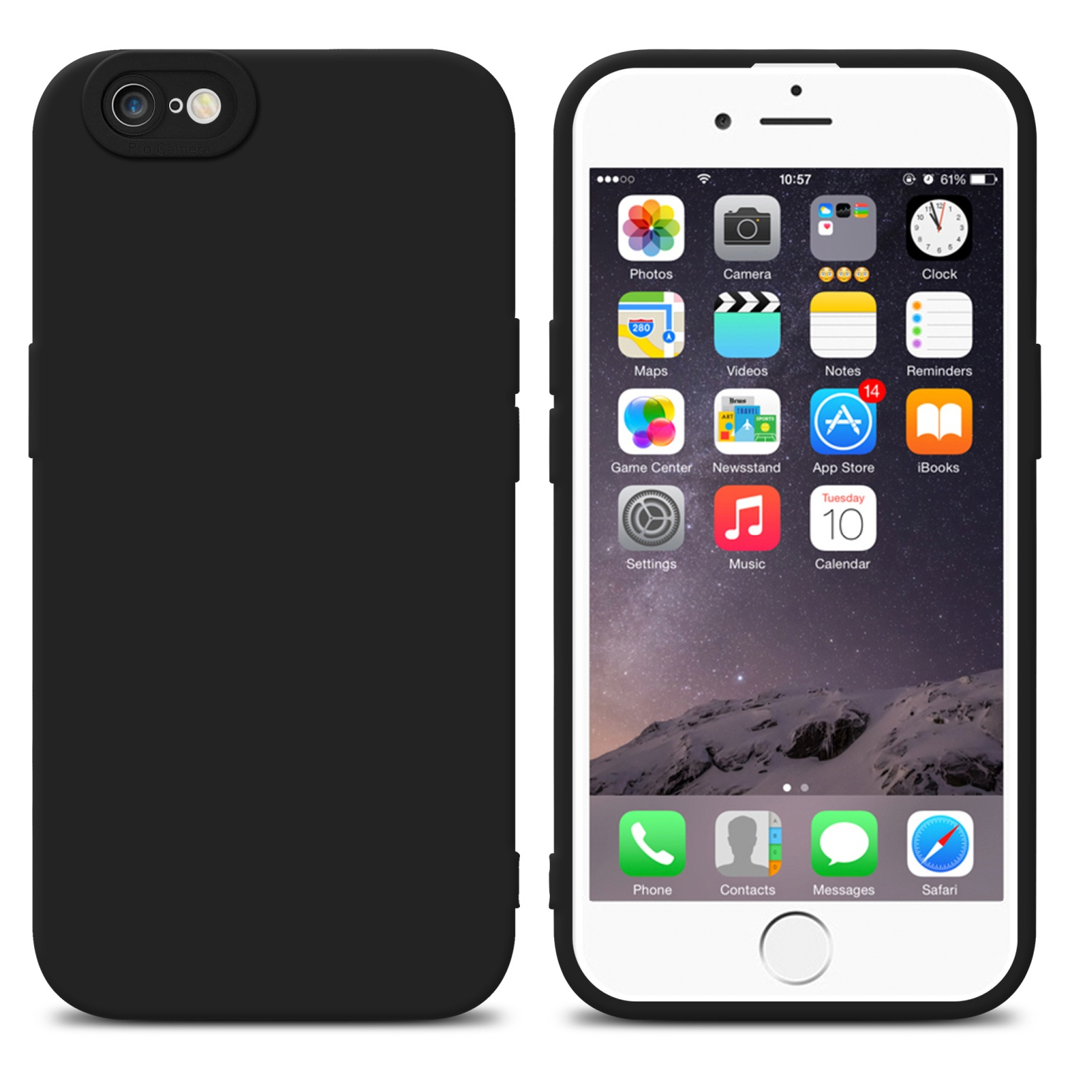 Custodia nera a sinistra, iPhone bianco a destra, mostra icone delle app sullo schermo.
