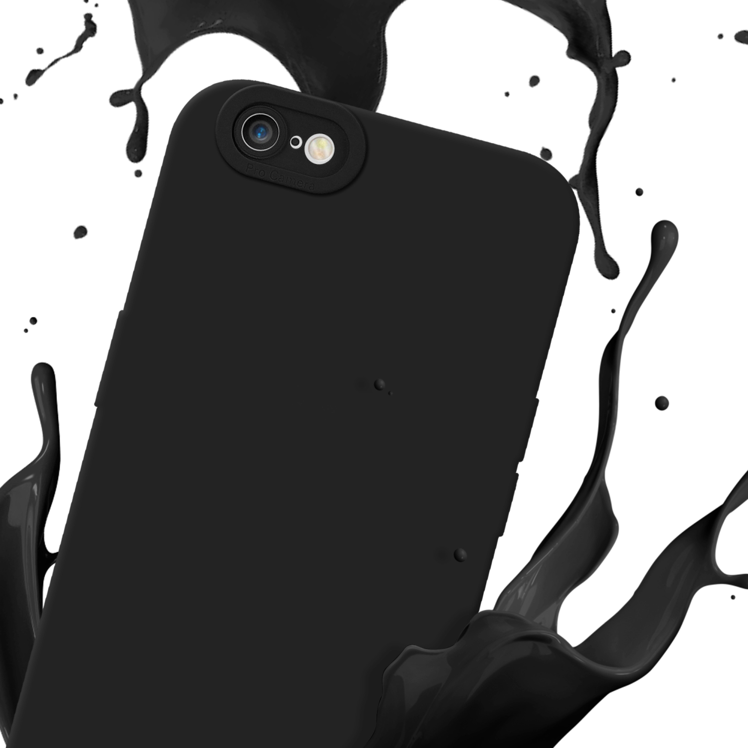 Custodia nera per telefono con modulo fotocamera e spruzzi di vernice nera, su sfondo bianco.
