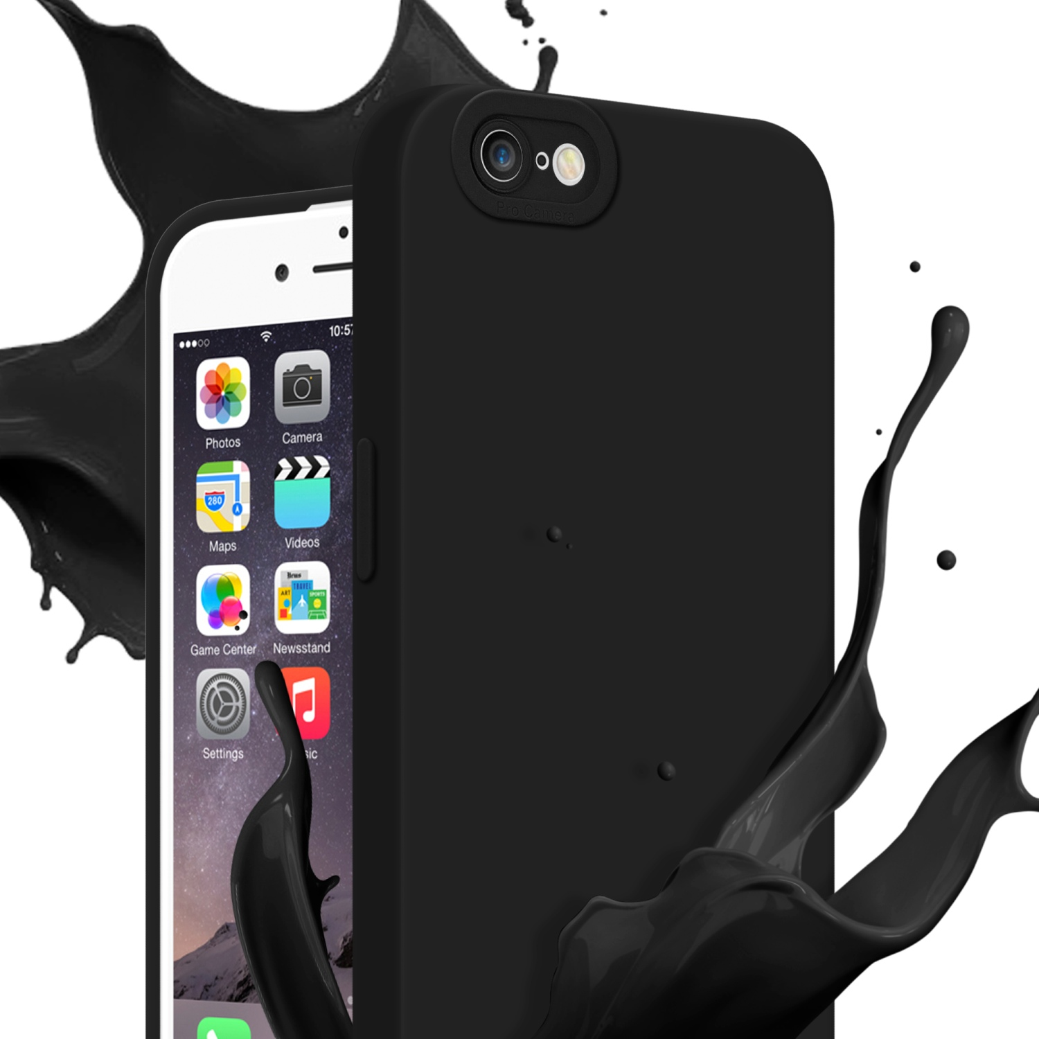 Telefono nero con custodia nera. Effetto spruzzo di vernice nera. App visualizzate.