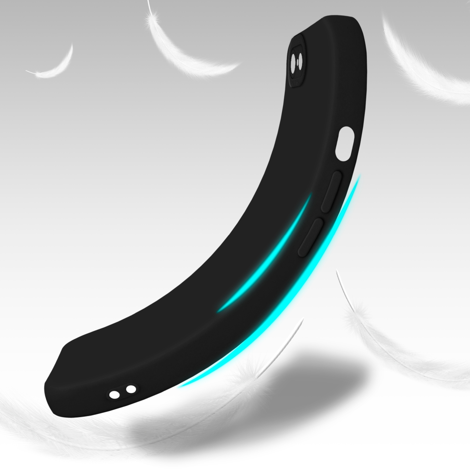 Custodia nera per telefono con design curvo, fluttuante con piume sullo sfondo.