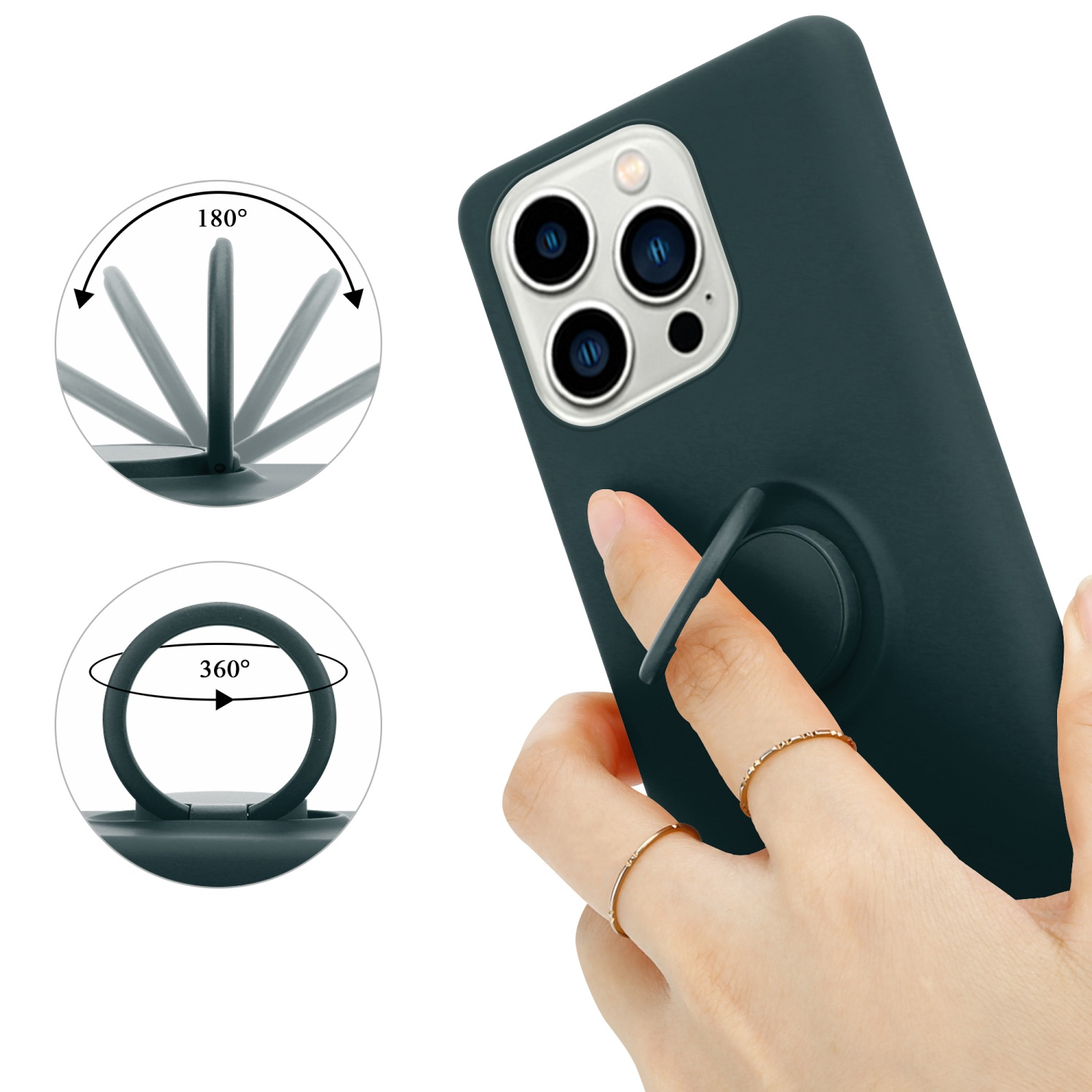 Handy-Hülle mit Ringständer. Hand hält Telefon. Text und Diagramm zur Drehung. Weißer Hintergrund.