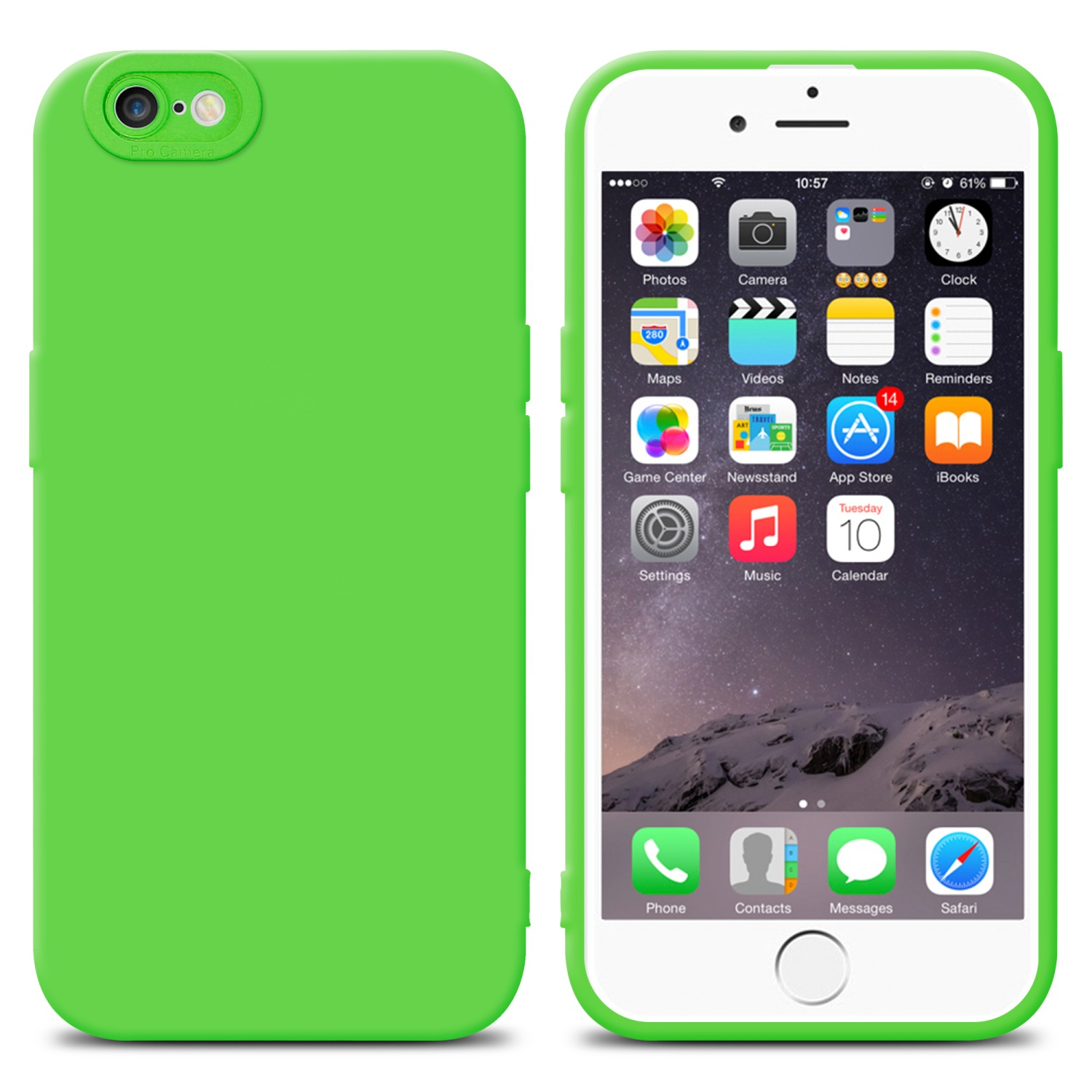 Una mano tiene un telefono verde brillante con una custodia. Lo schermo mostra le icone delle app.