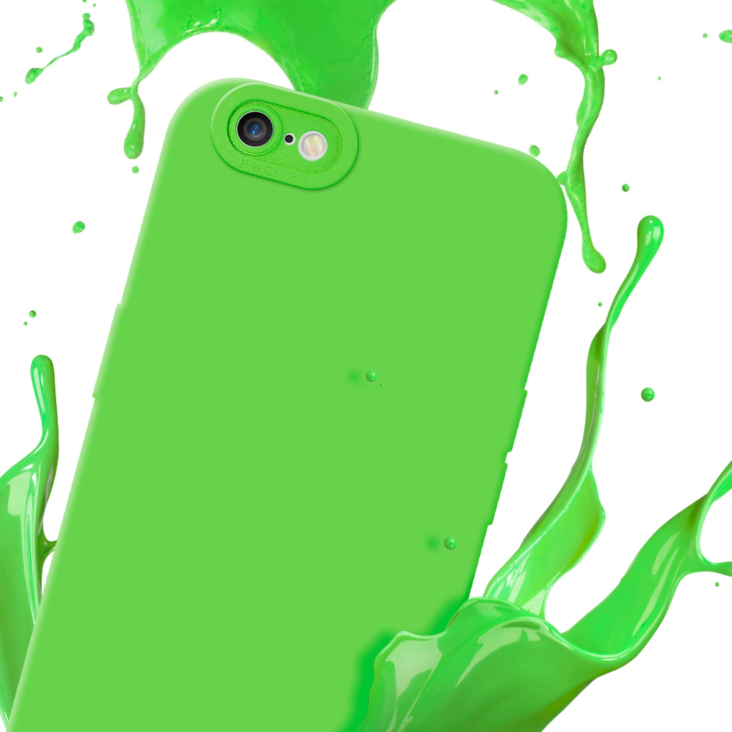 Una custodia verde per telefono con lente Pro Camera, con vernice verde schizzata intorno su sfondo bianco.