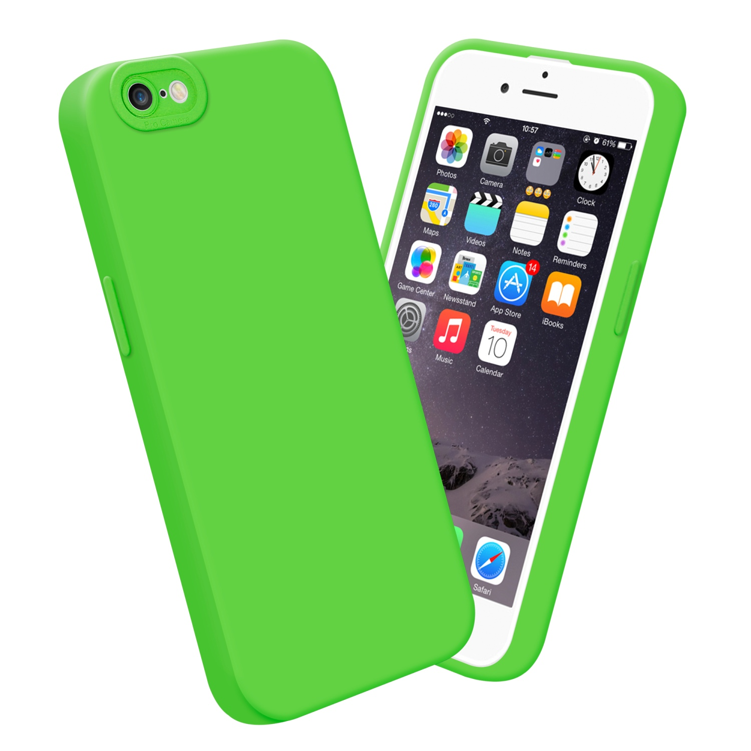 Custodia per telefono verde con telefono all'interno, che mostra app, su sfondo bianco.