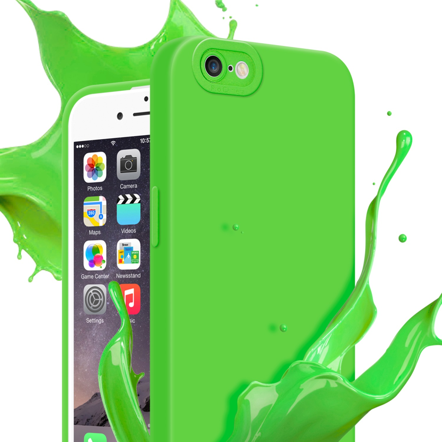 Una custodia verde per telefono con un telefono all'interno. Schizzi di vernice verde intorno alla custodia.