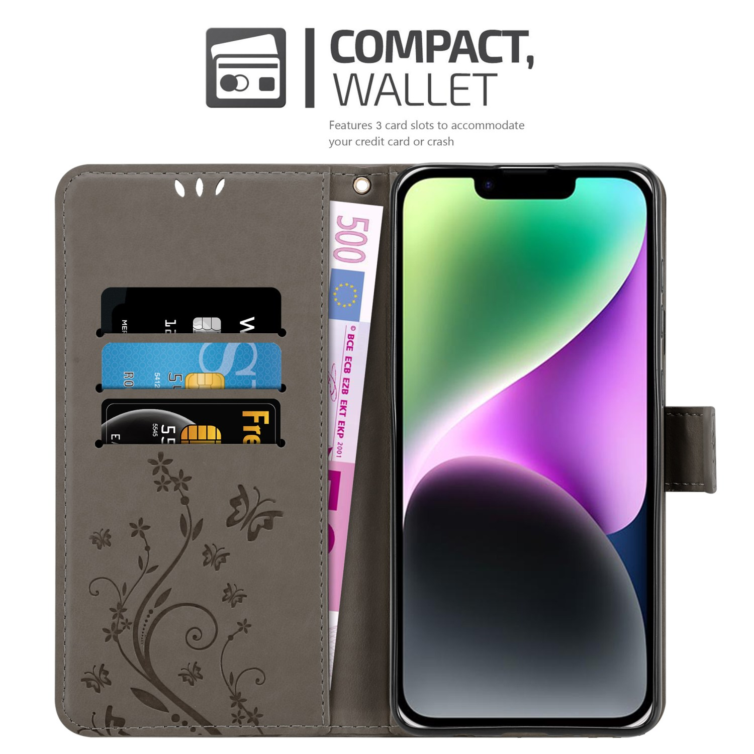 Graues Telefon-Wallet-Case offen mit Telefon und Karten. Telefon zeigt Blumendesign und 500-Euro-Schein.