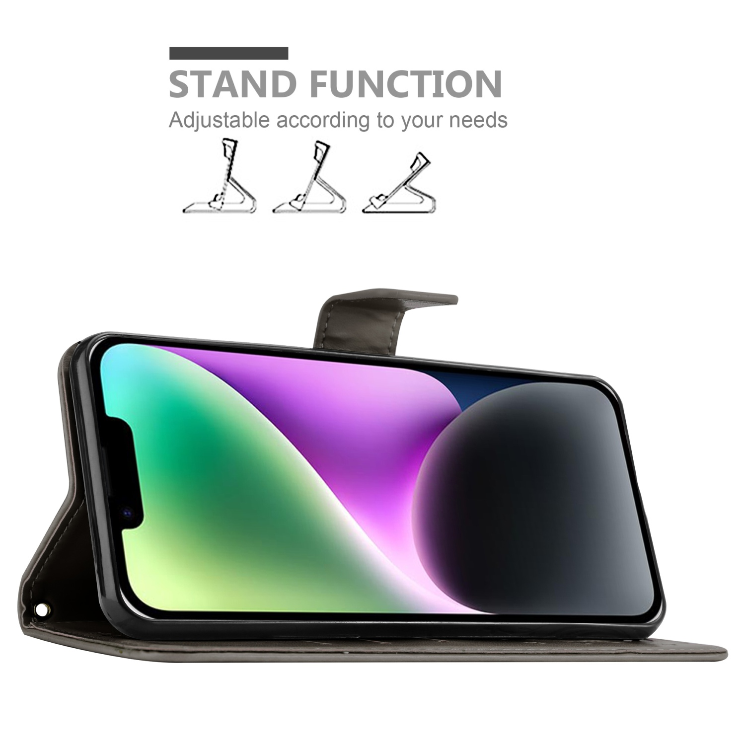 Geöffnete Handyhülle mit Telefon, die Standfunktion wird mit verschiedenen Positionen dargestellt.