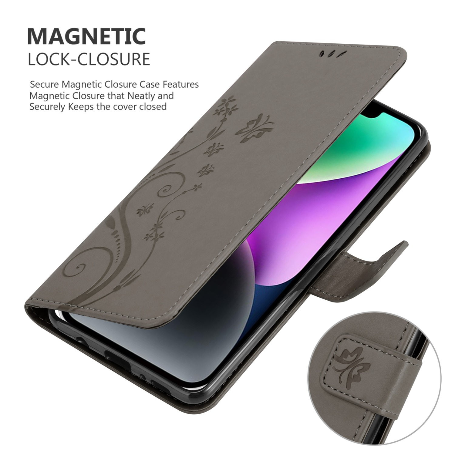 Graue Handyhülle mit Blumendesign, geöffnet, zeigt das Telefon.