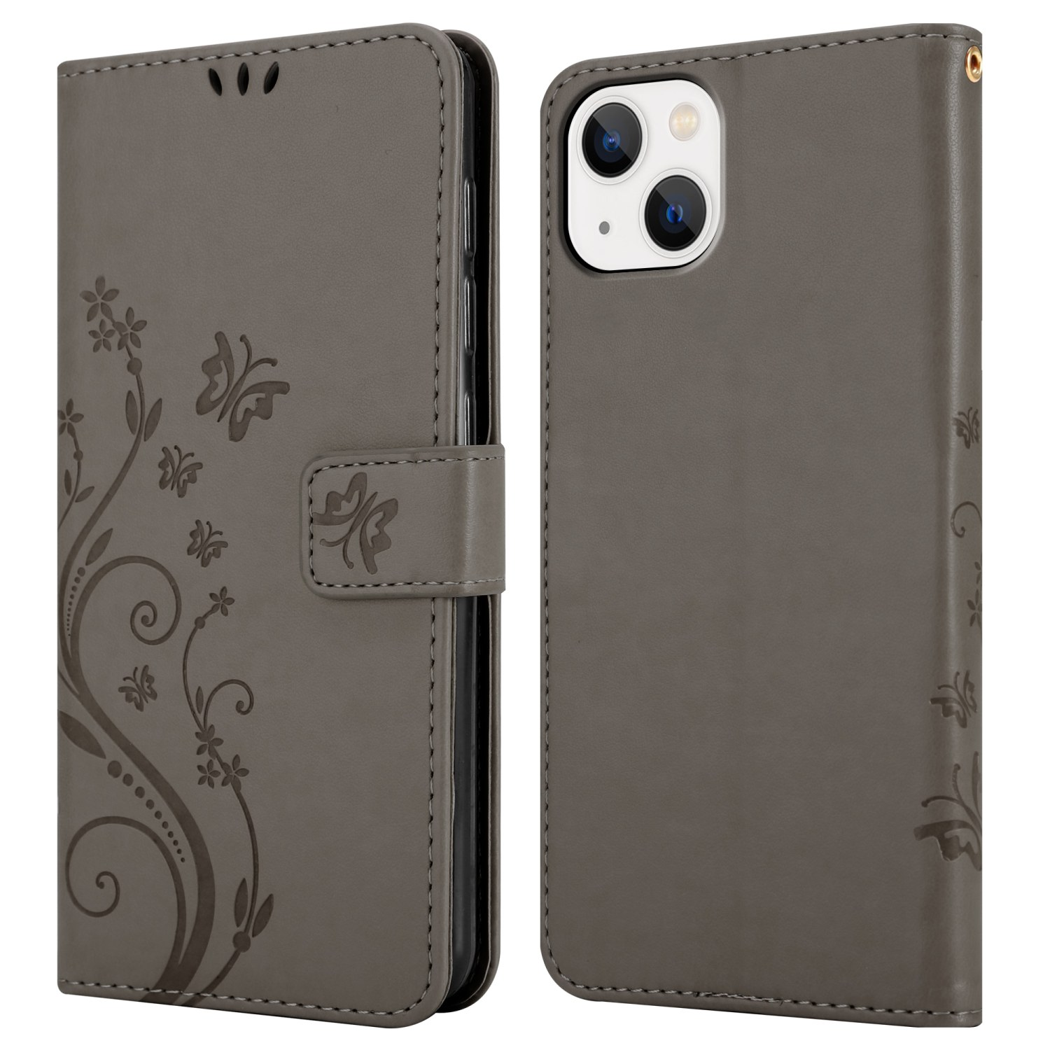 Graue Handyhülle, offen, zeigt Telefonhalter, Blumendesign und Magnetverschluss.