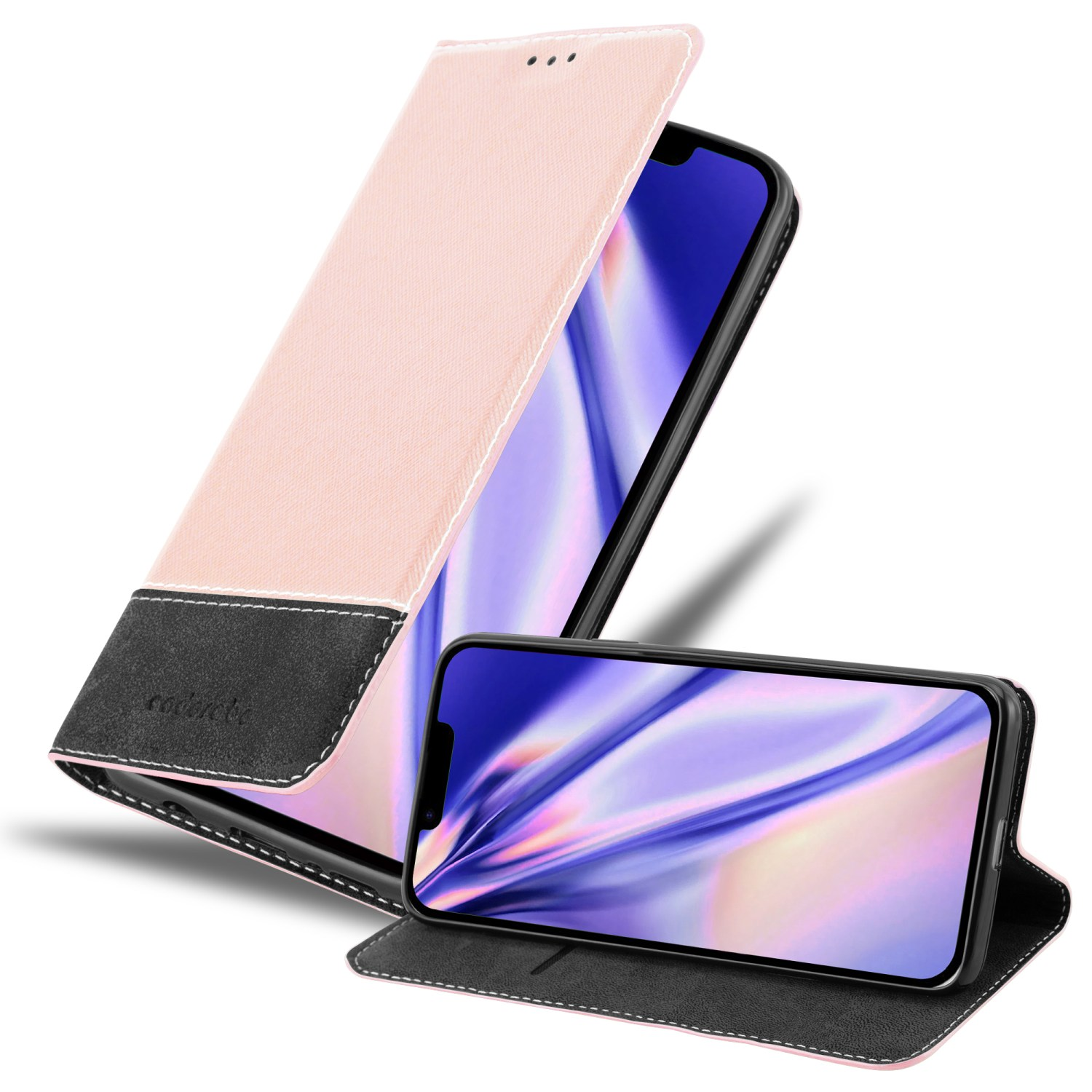 Rosa Handyhülle und Telefon. Die Hülle ist offen und zeigt einen Telefonbildschirm. Schwarz und rosa.