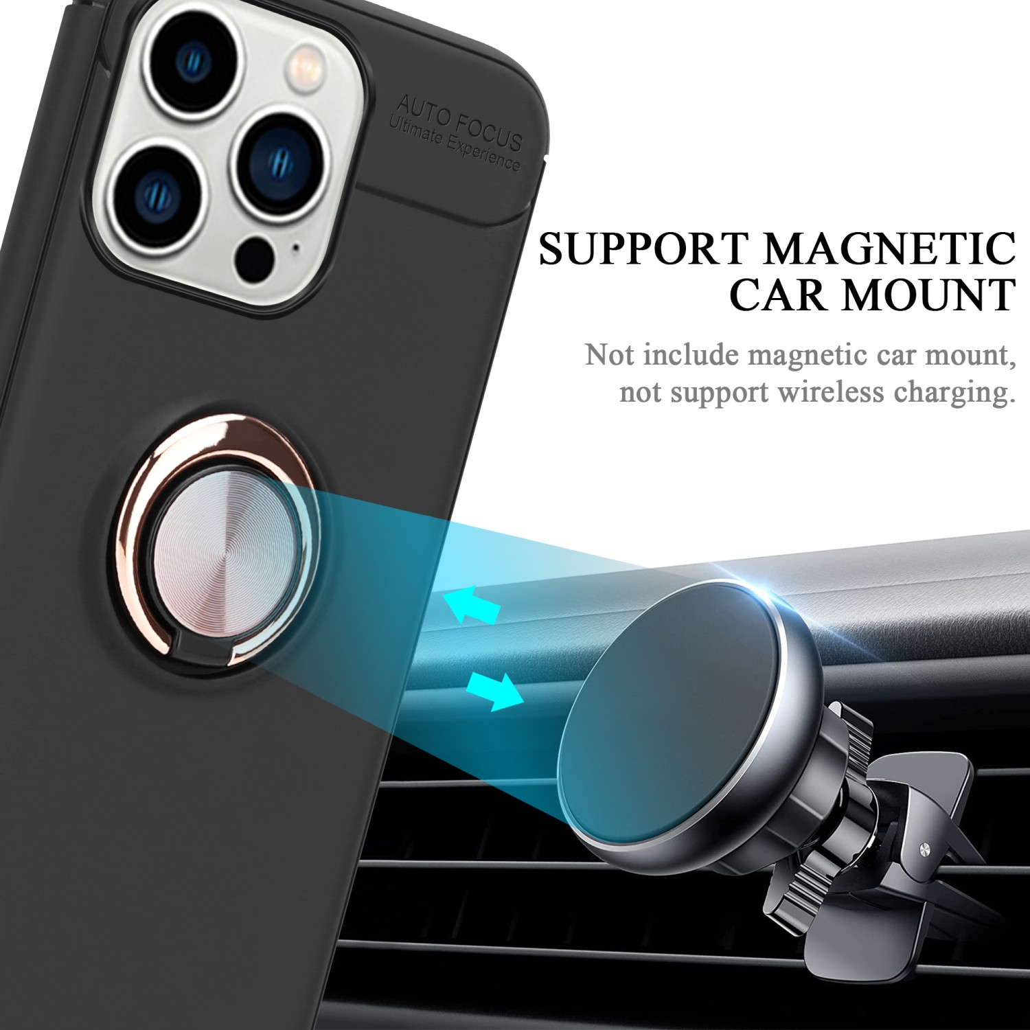 Schwarze Handyhülle mit magnetischer Autohalterung. Text: Magnetische Autohalterung unterstützen.