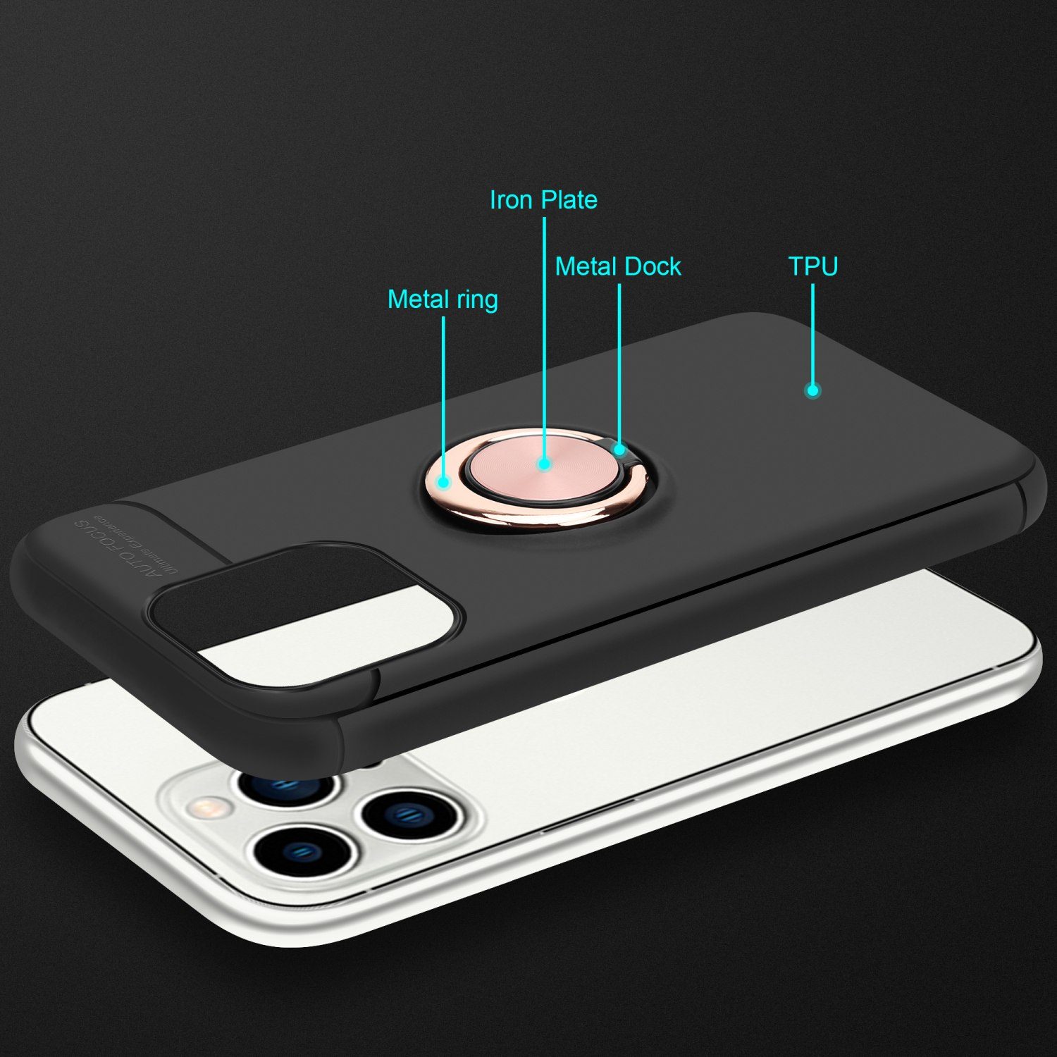 Schwarze Handyhülle mit Metallring auf der Rückseite. Sie hat eine Eisenplatte, ein Metalldock und TPU.