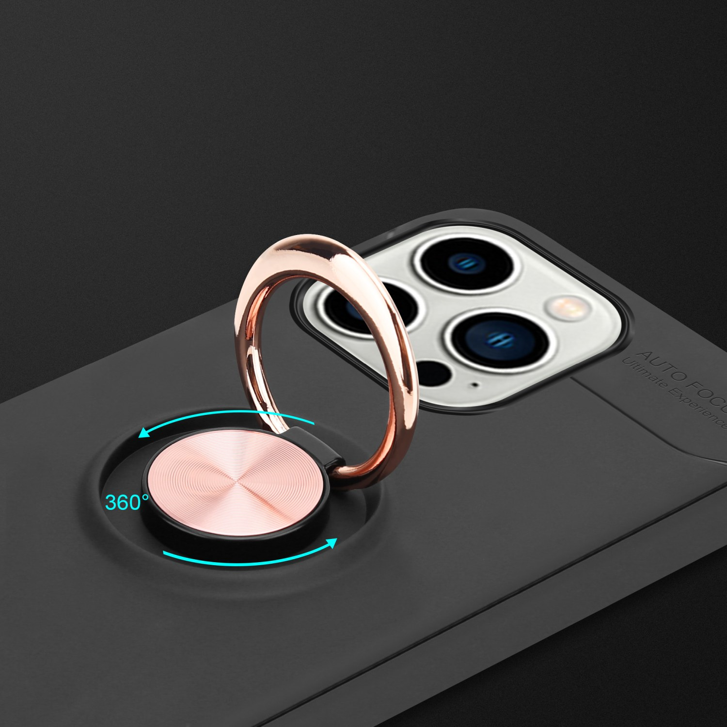 Schwarze Handyhülle mit goldenem Ring, zeigt eine 360-Grad-Drehung. Dunkler Hintergrund.