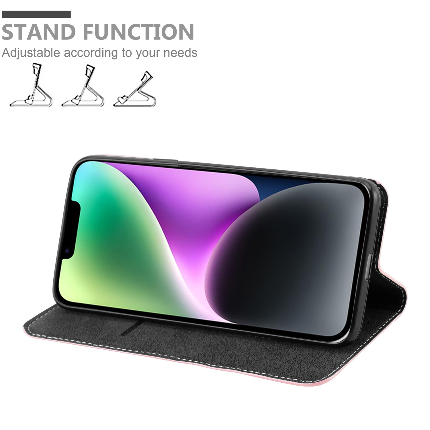 Schwarzes Telefon in rosa Brieftasche, Ständerfunktion, weißer Hintergrund.
