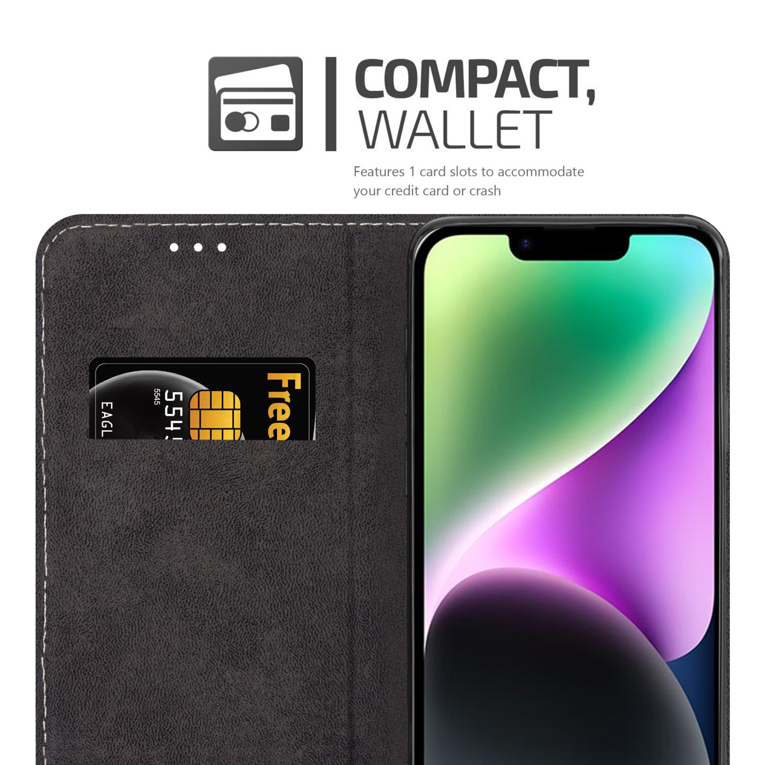 Telefon in Brieftaschenhülle, Kartenfach sichtbar. Kompakter Brieftaschentext. Weißer Hintergrund.