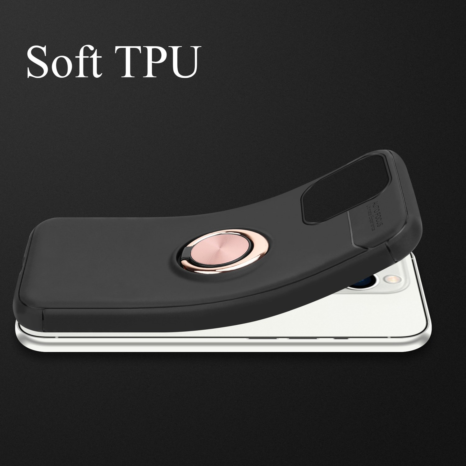Eine schwarze Handyhülle mit Telefon, abgewinkelt, mit Ring. Der Text lautet: 'Soft TPU'.