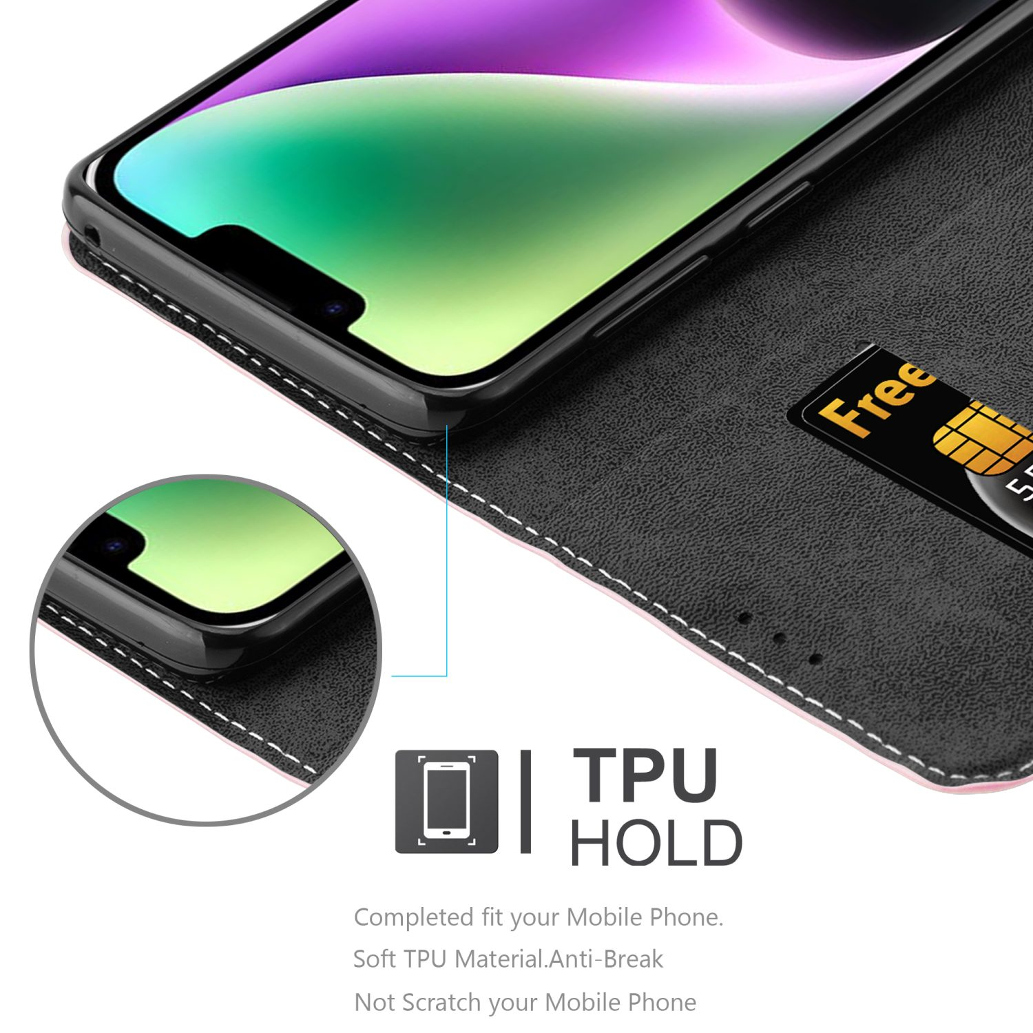 Handyhülle mit Telefon innen, Kartenfach. Das Telefon ist schwarz mit rosa Rahmen.