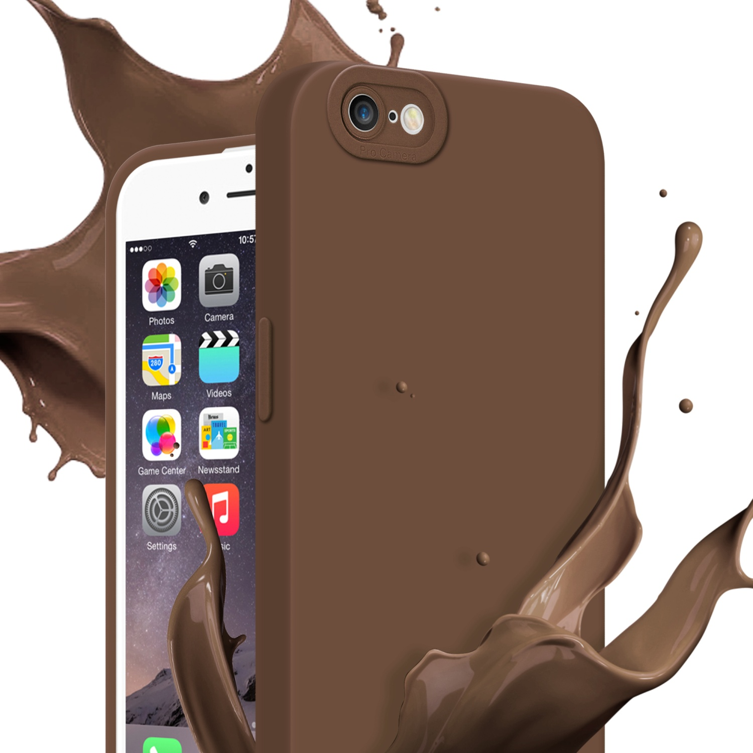 Una custodia per telefono marrone con cioccolato che schizza intorno. È visibile uno schermo del telefono.