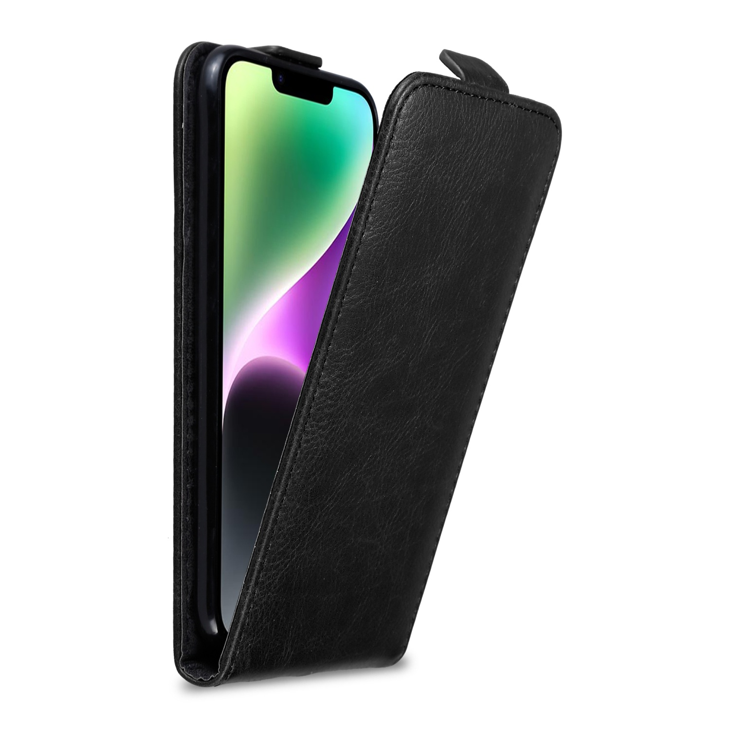 Schwarzes Telefon in einer schwarzen Hülle, offen. Weißer Hintergrund.