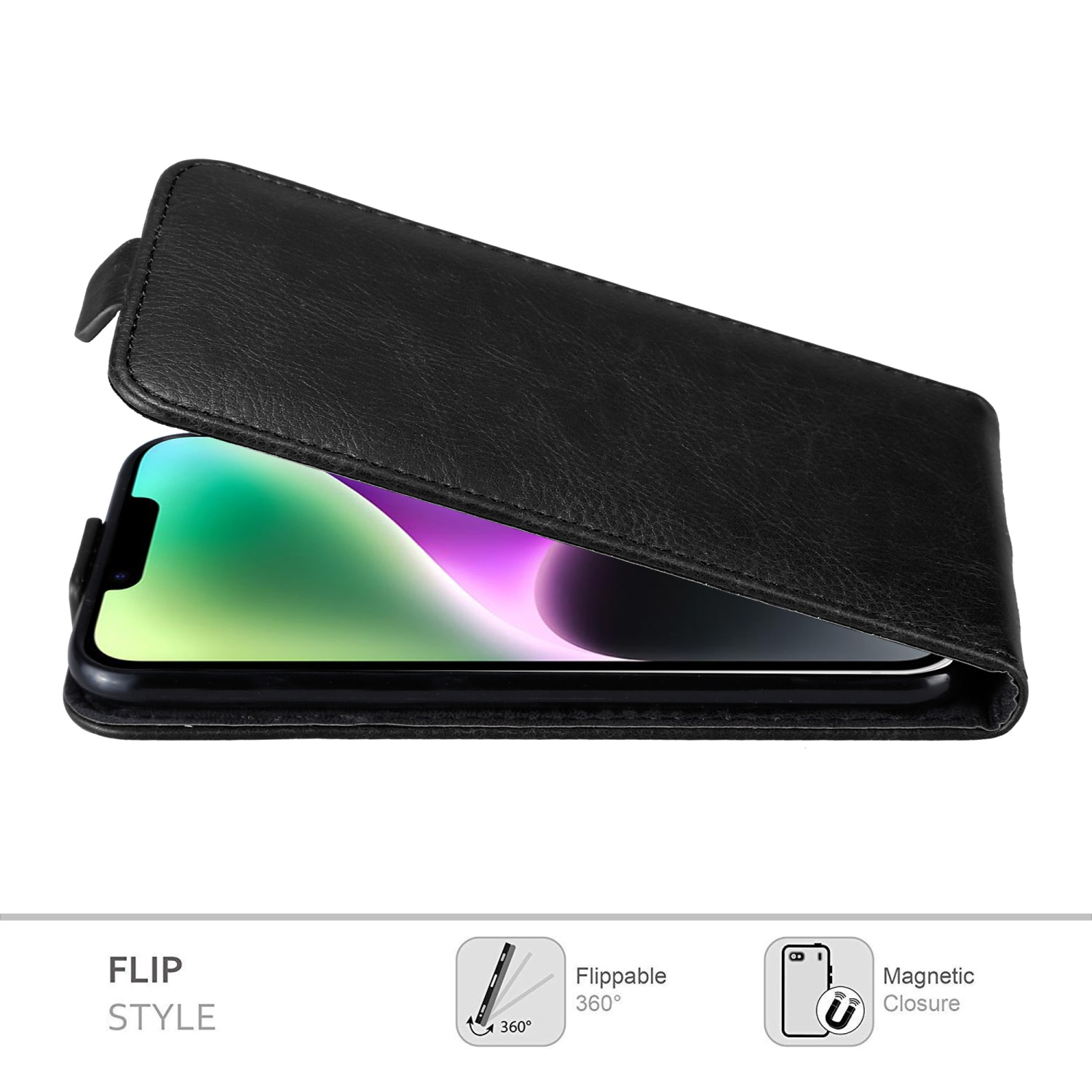 Schwarze Handyhülle mit Telefon, Flip-Stil.