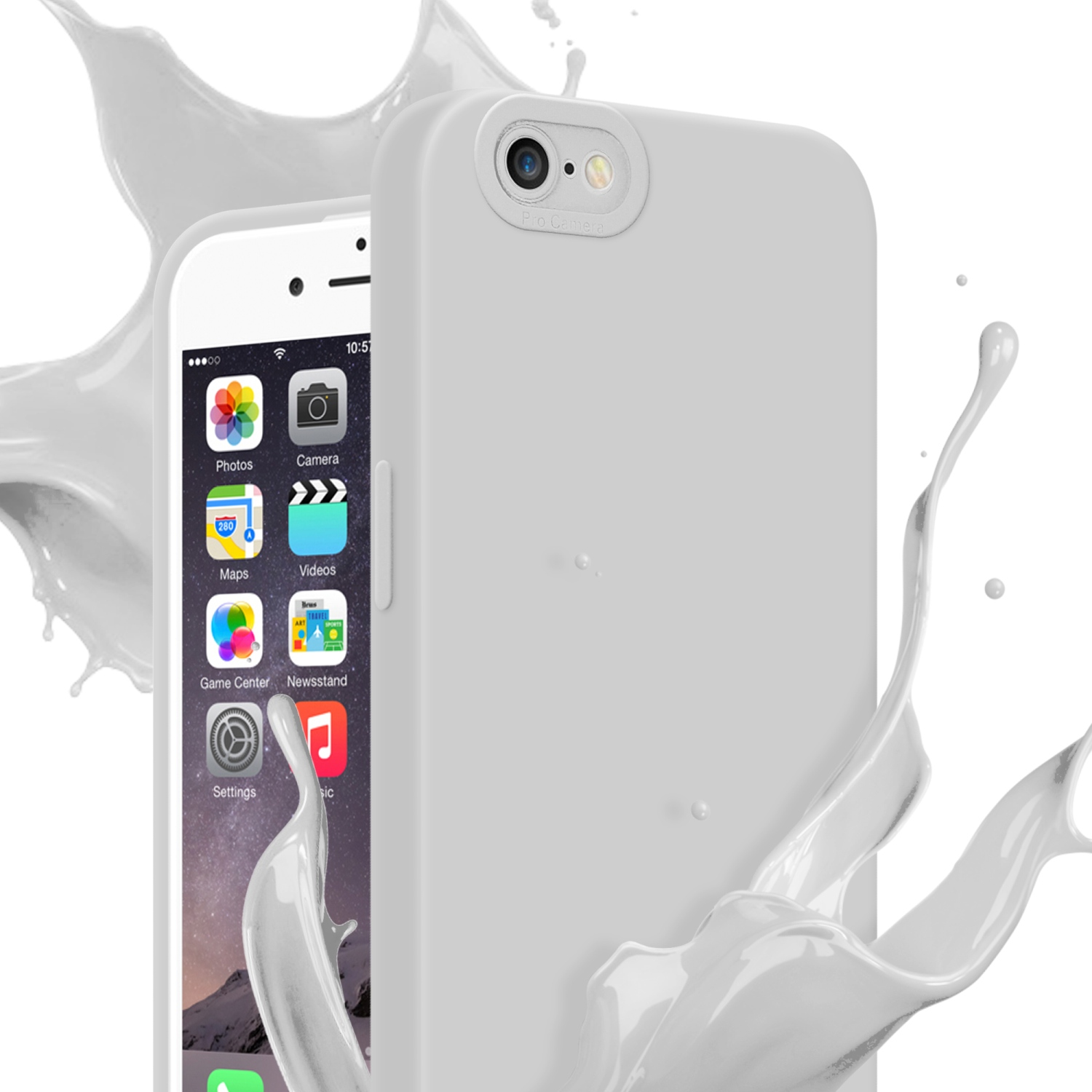 Custodia bianca accanto a un telefono con schermata iniziale visibile. Uno schizzo di liquido bianco dietro il telefono.