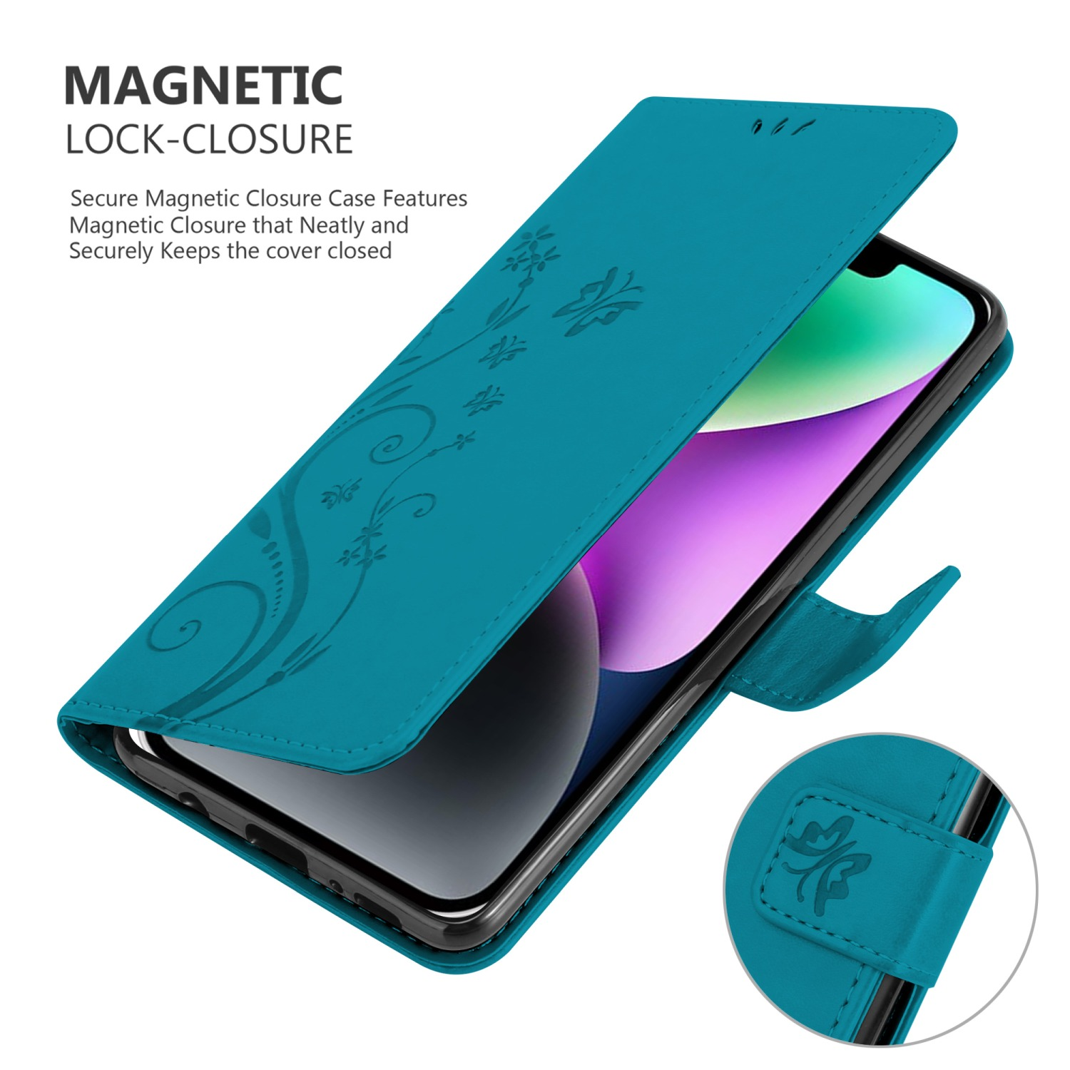 Eine türkisblaue Handyhülle geöffnet, ein Telefon zeigend. Blumendesign auf der Hülle.