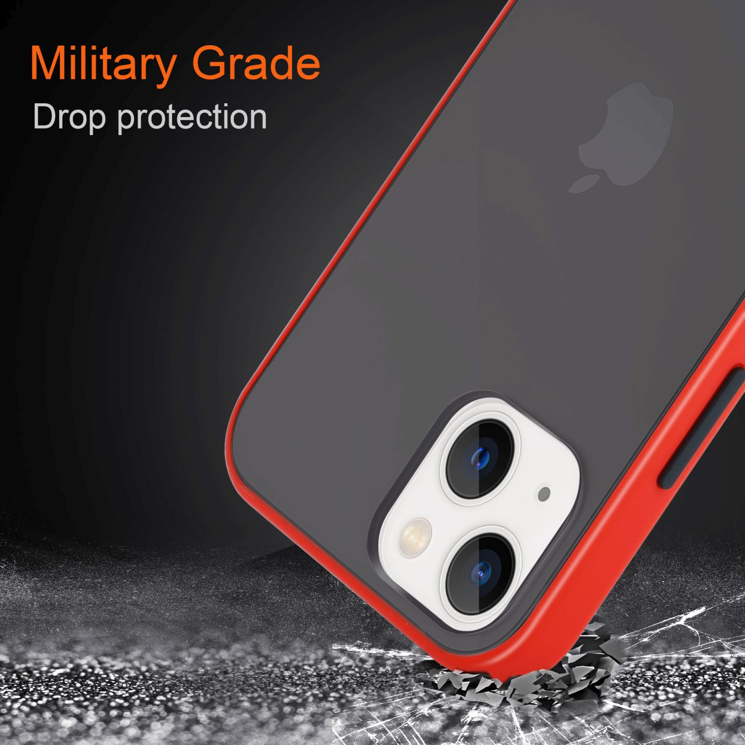 Handyhülle auf strukturierter Oberfläche. Military Grade Drop Protection-Etikett sichtbar. Rot und Schwarz.