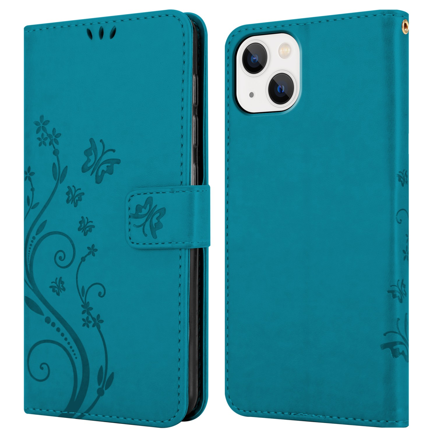 Eine türkis Handyhülle mit floralem Design und Schmetterling wird offen und geschlossen neben einem iPhone gezeigt.