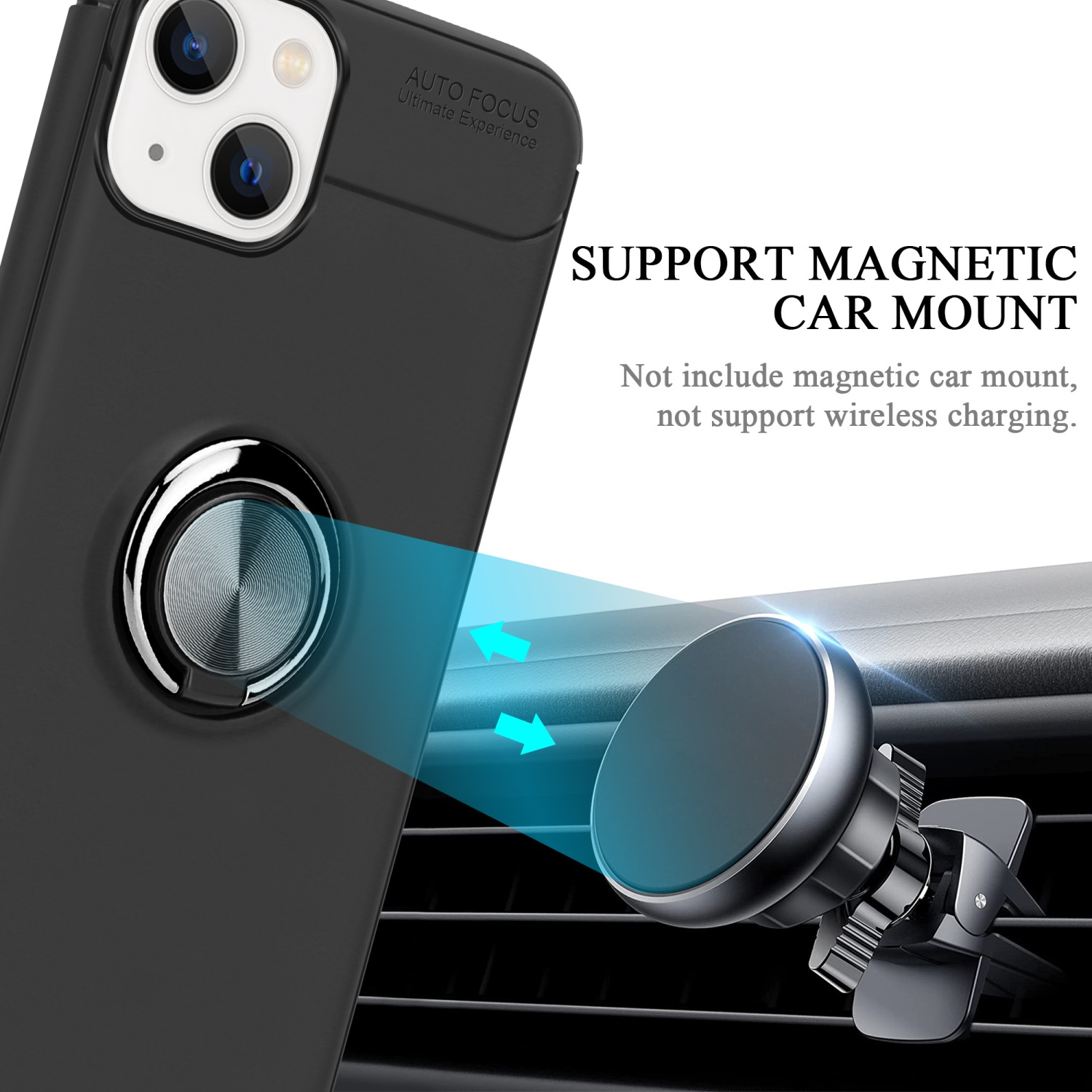 Schwarze Handyhülle mit magnetischer Autohalterung. Zeigt Telefon und Halterung mit blauen Pfeilen.