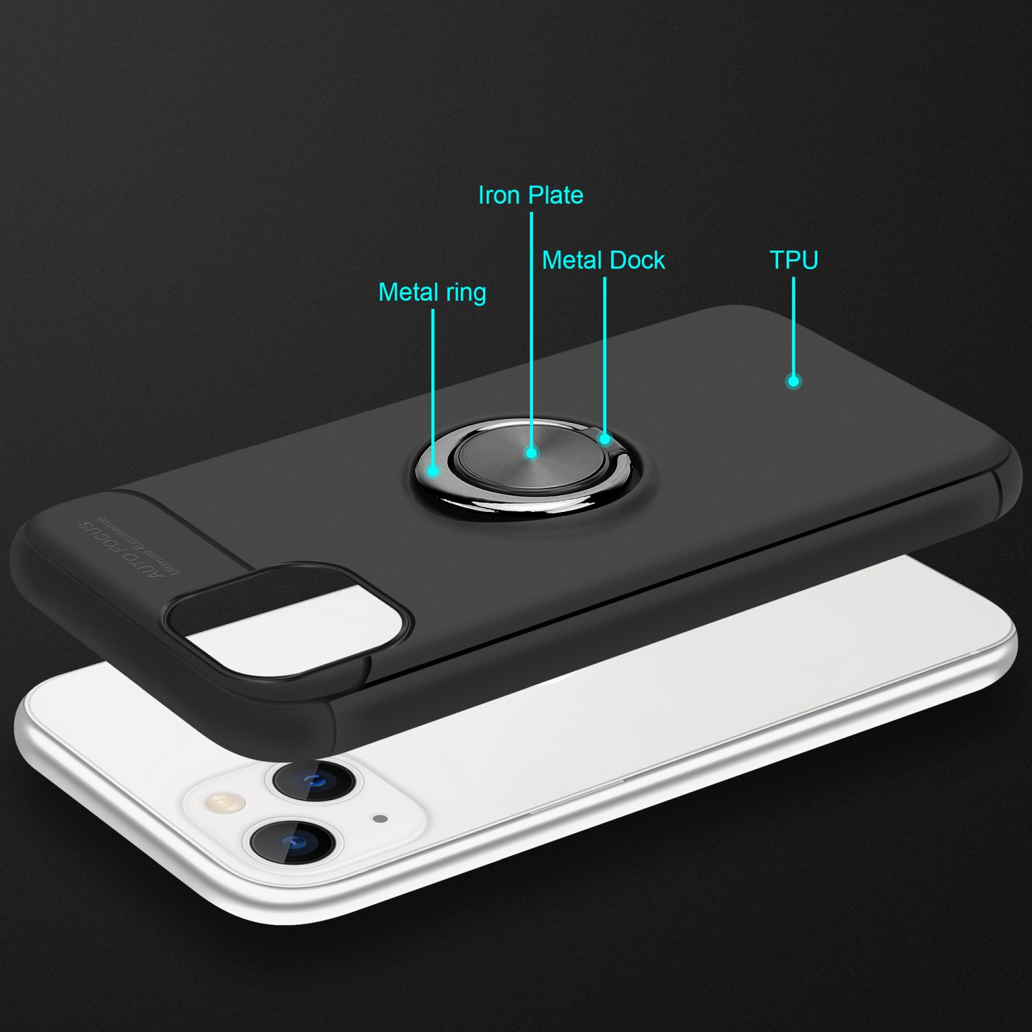 Eine schwarze Handyhülle mit Metallring und Metallhalterung. Darunter ein geöffnetes weißes Telefon.
