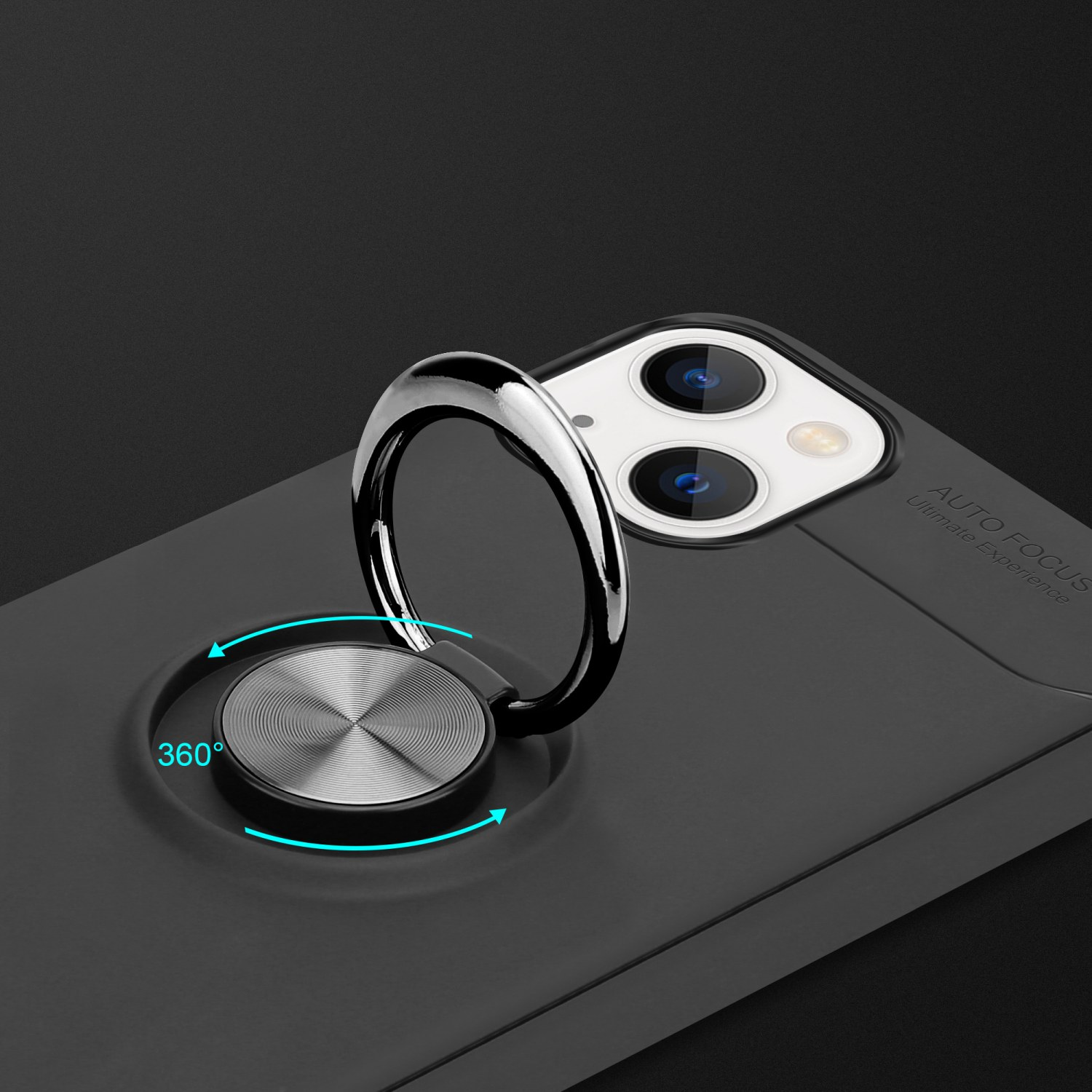 Eine Handyhülle mit einem Ringhalter. Das Telefon liegt auf einer dunklen Oberfläche. Es gibt ein 360°-Symbol.