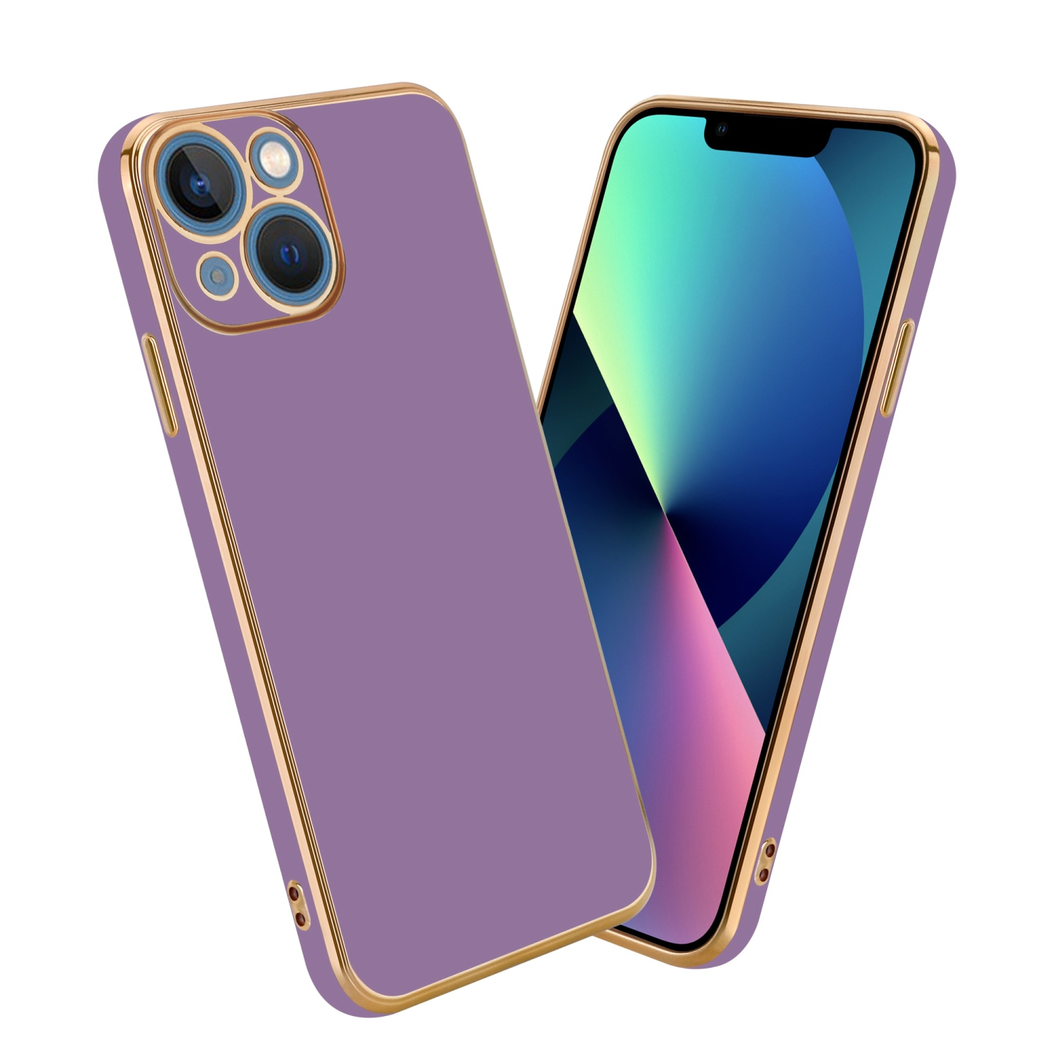 Lila Handyhülle mit goldenem Rand, goldener Ringhalter und Handy mit lila Hintergrund.