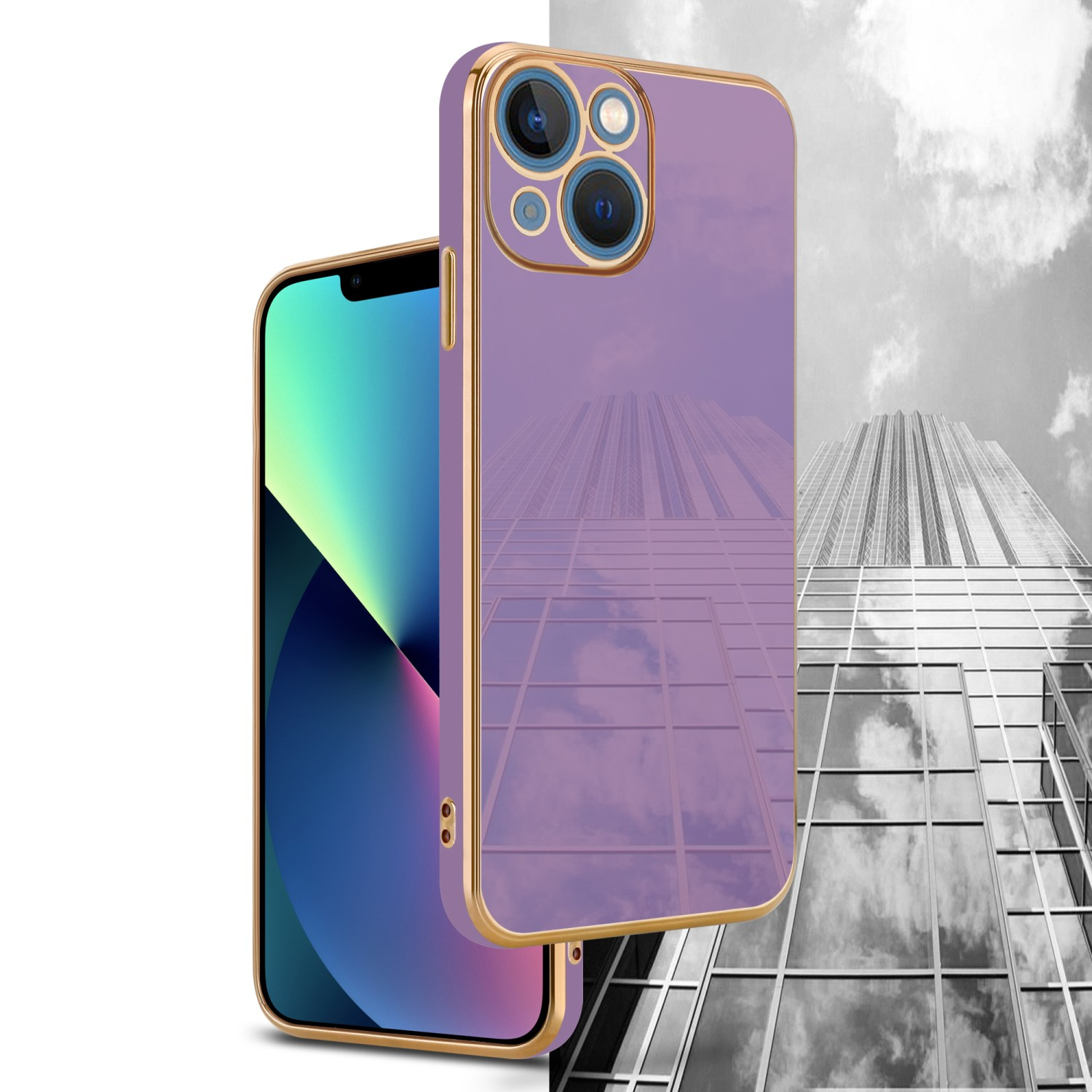 Kameraschutz, Glossy CADORABO Gold Backcover, mit - Apple, iPhone Lila 14, Handyhülle