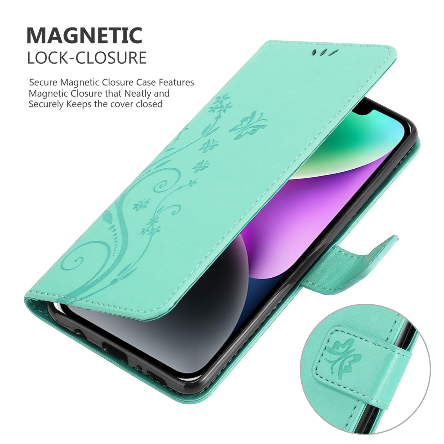 Minzgrüne Handyhülle mit floralem Design, offen. Weißer Hintergrund.