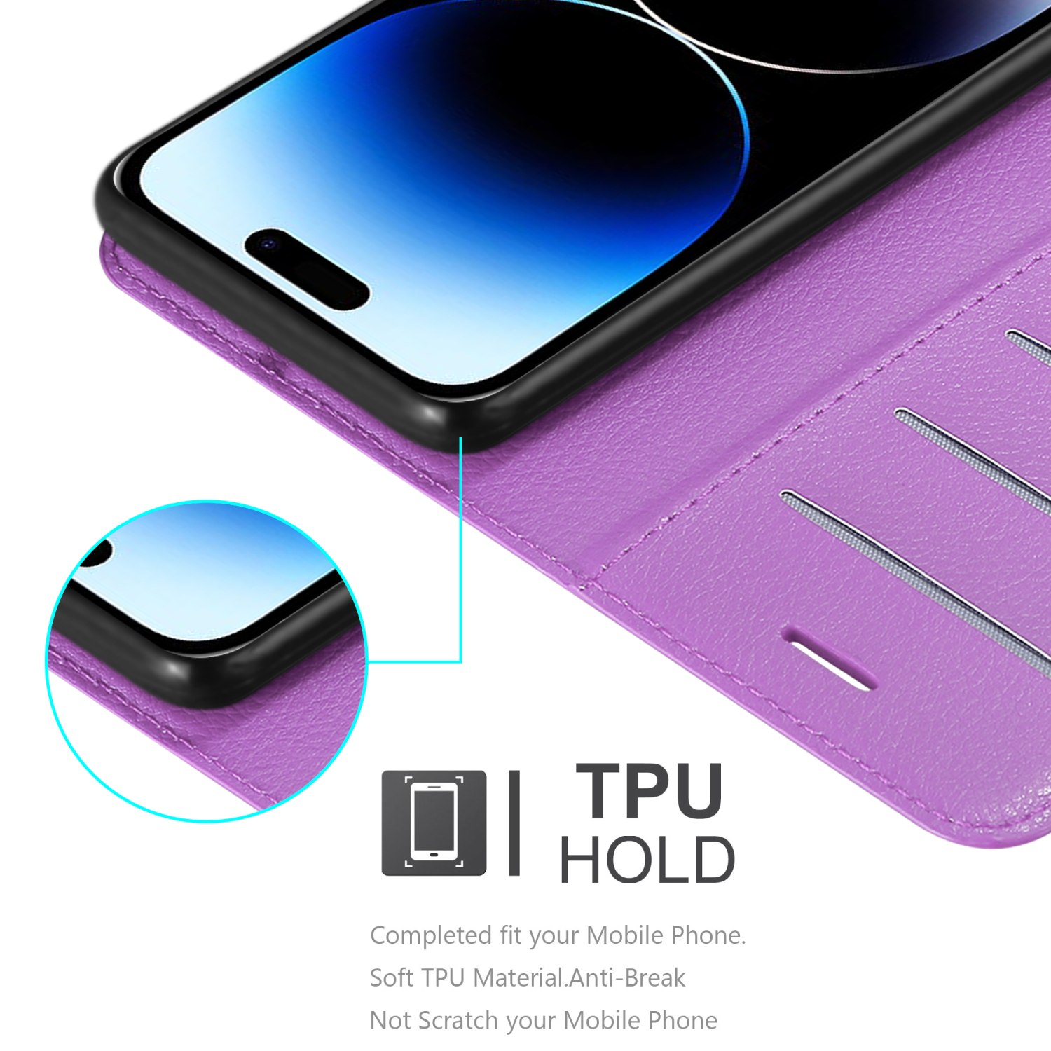 Lila Handyhülle mit Telefon, mit Text TPU HOLD und Details.