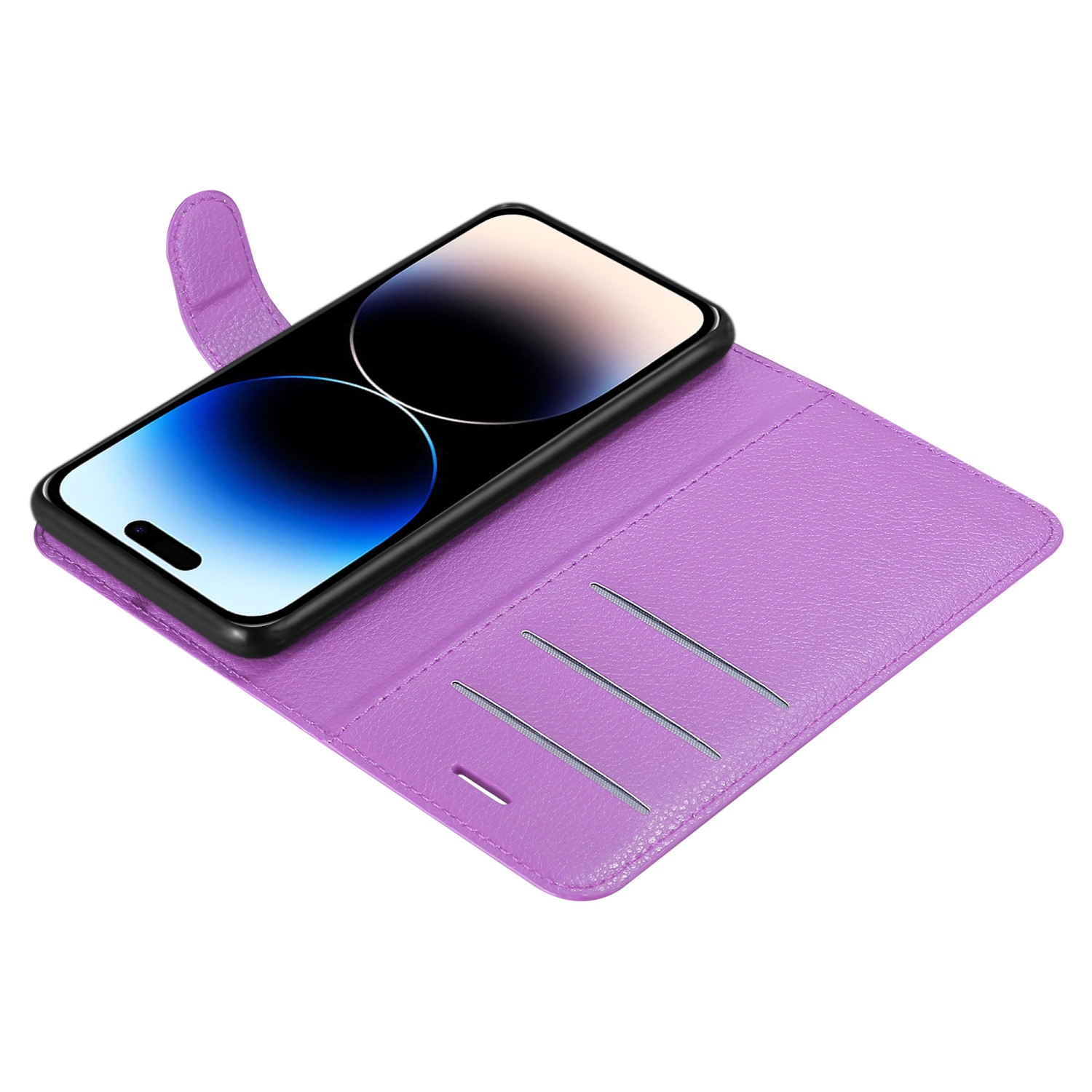 Eine lila Handyhülle mit einem Handy darin. Die Hülle ist offen und zeigt den Bildschirm.