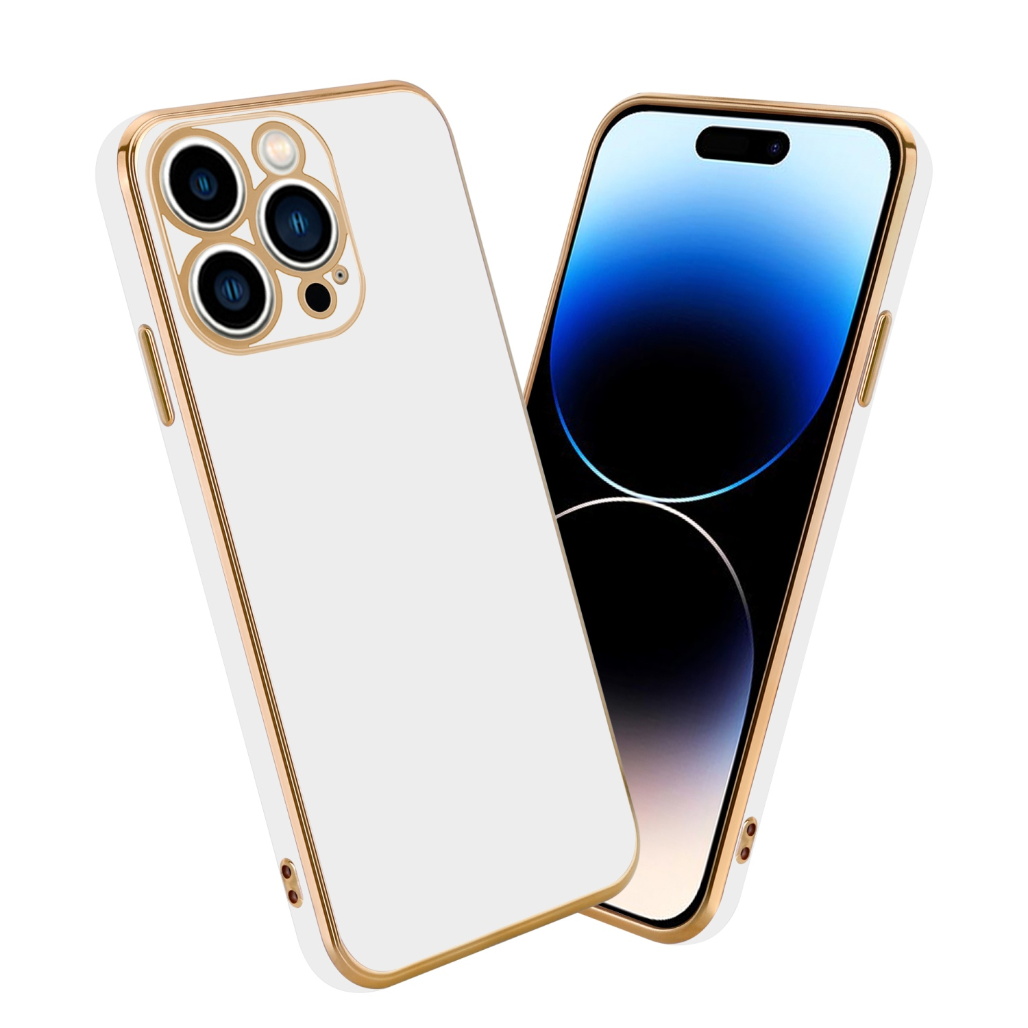 Weiße Handyhülle mit goldenem Rand neben einem Telefon mit blauem Bildschirm.