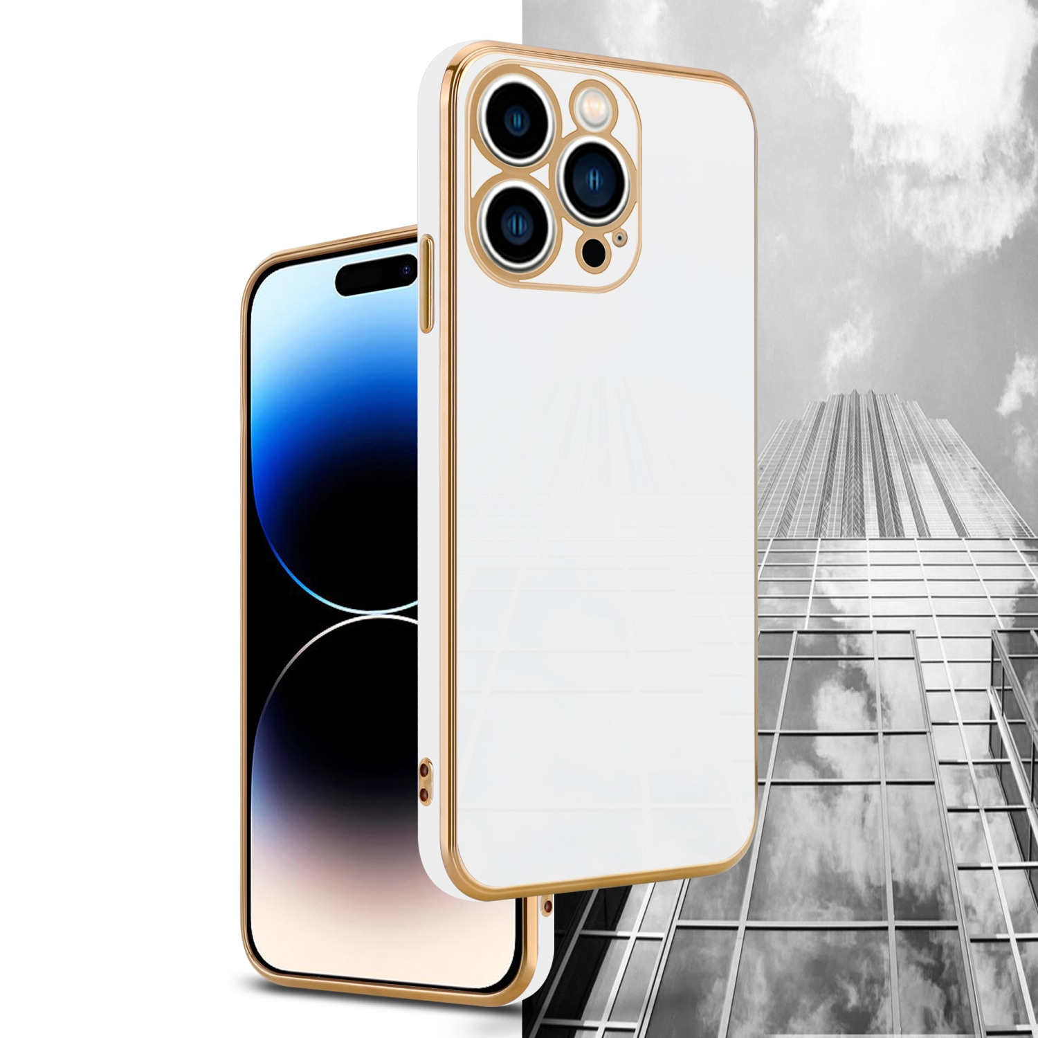 Eine weiße Handyhülle mit goldenem Rahmen, ein Telefon ist teilweise darin. Ein Gebäude im Hintergrund.