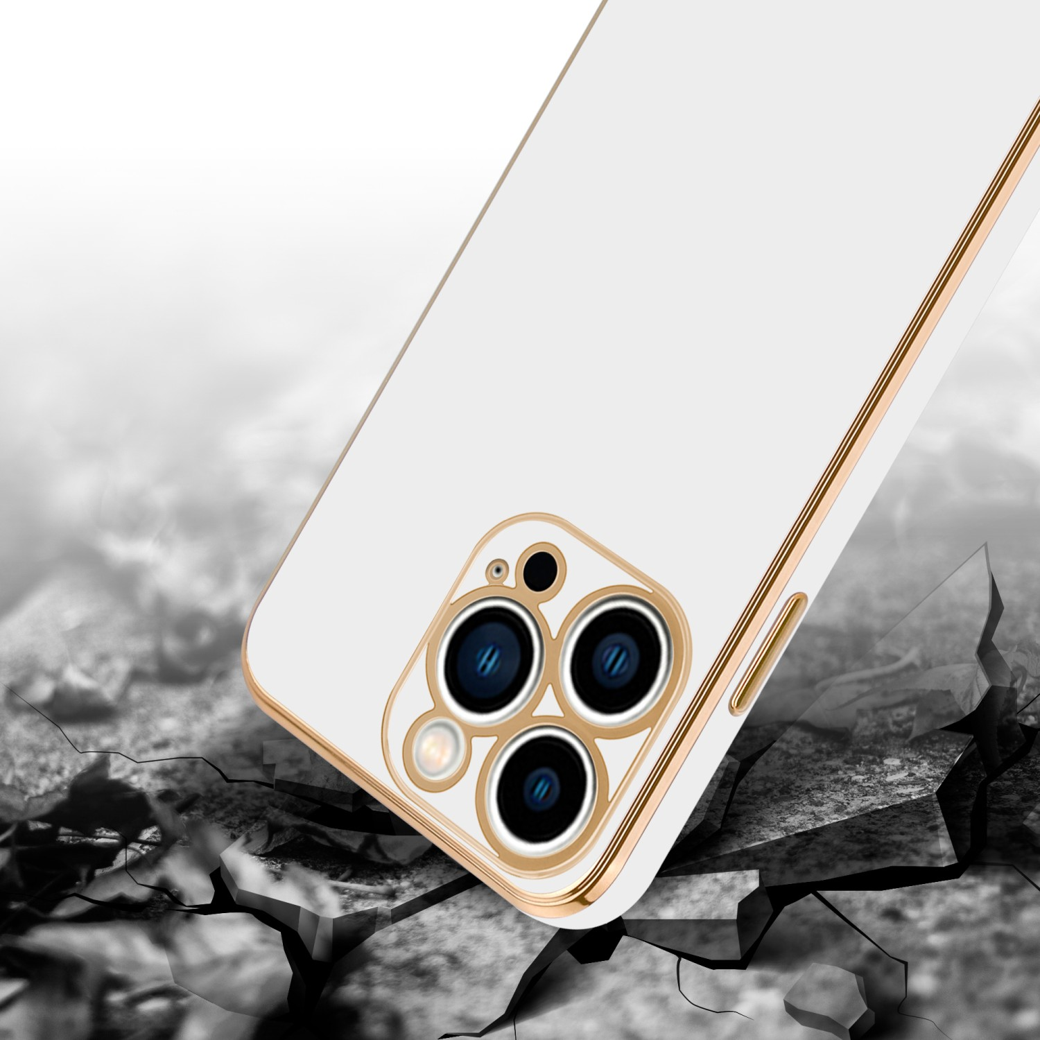 CADORABO Handyhülle mit iPhone Kameraschutz, 14 Glossy Gold - Apple, Weiß PRO, Backcover