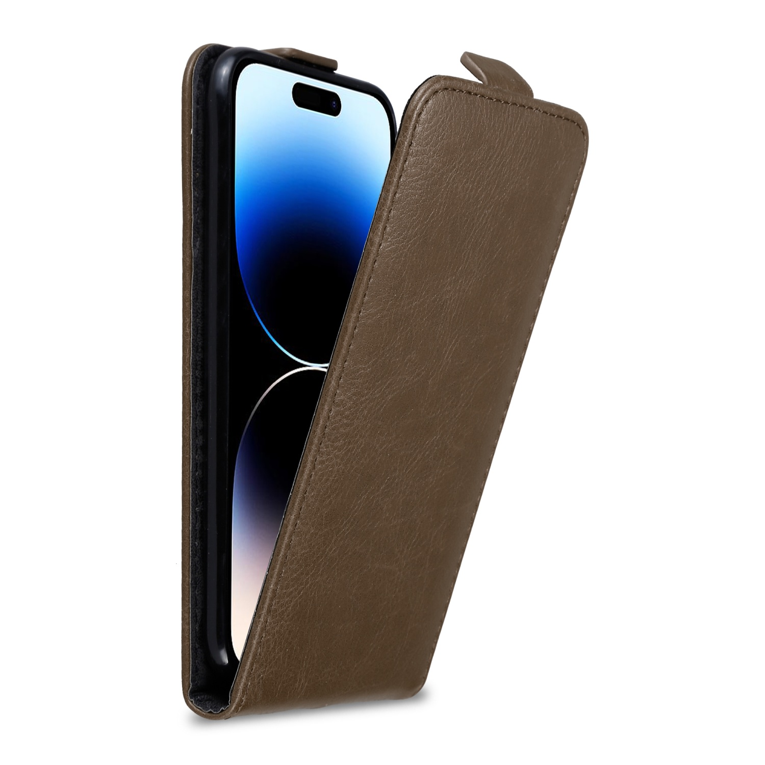 Braune Leder-Handyhülle, geöffnet, um ein Telefon mit blauem Bildschirm zu zeigen.