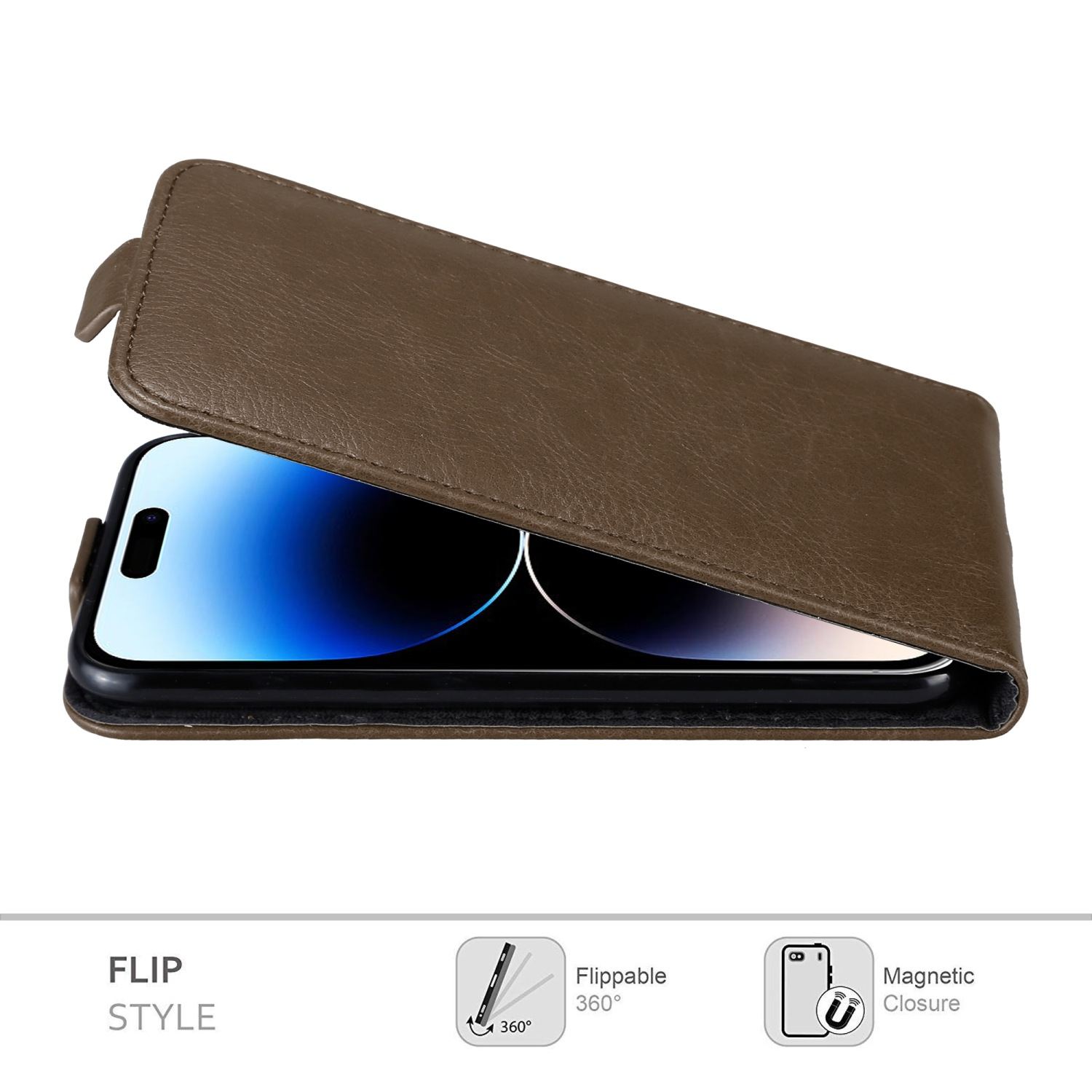 Braune Leder-Klapp-Handyhülle mit Telefon im Inneren. Hat einen Magnetverschluss und ein Flip-Design.