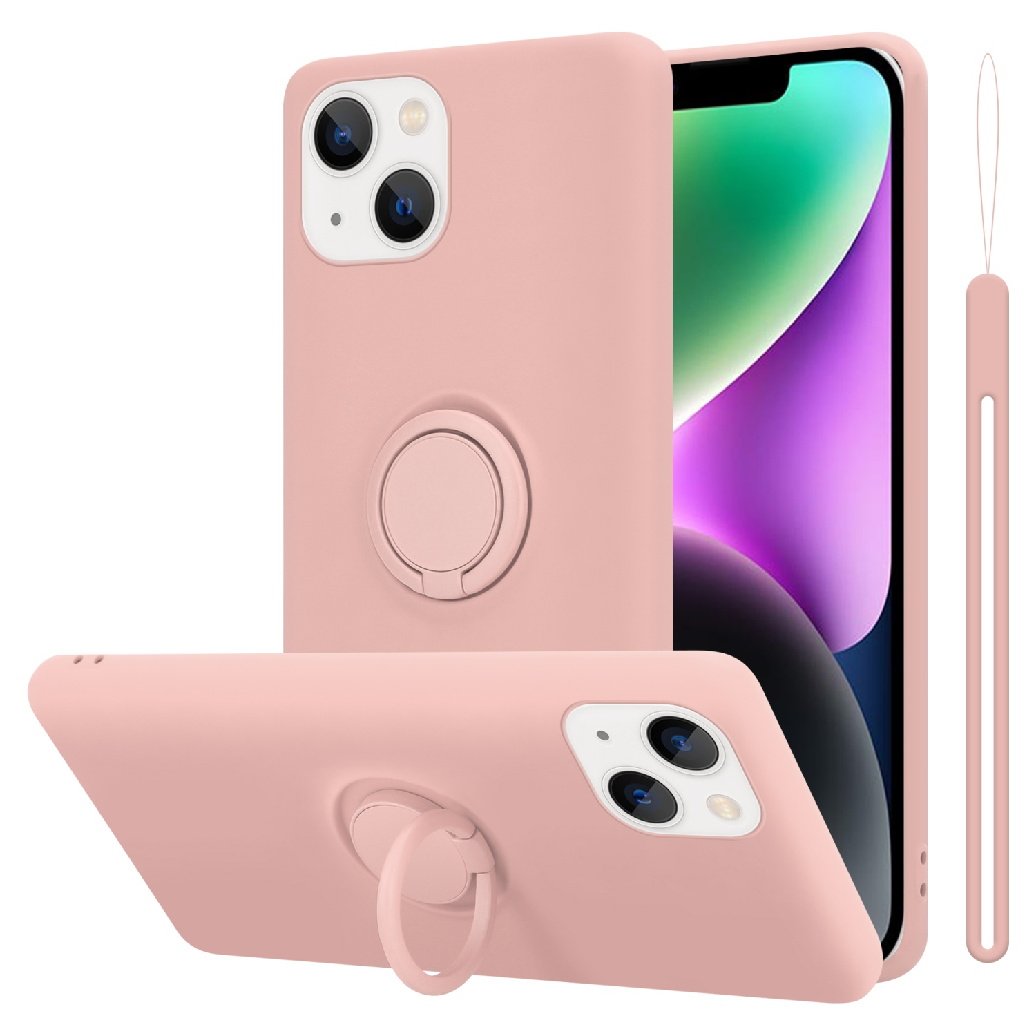 Rosa Handyhülle mit Ringständer. Das Telefon zeigt die Benutzeroberfläche an.