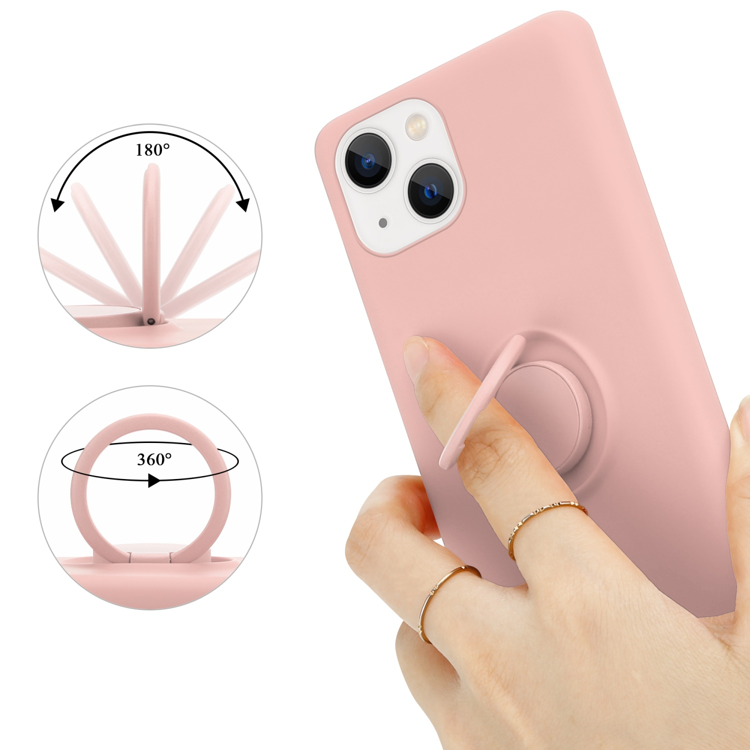 Eine rosa Handyhülle mit einem Ringhalter, und eine Hand, die sie hält. Der Ring kann sich um 360 und 180 Grad drehen.