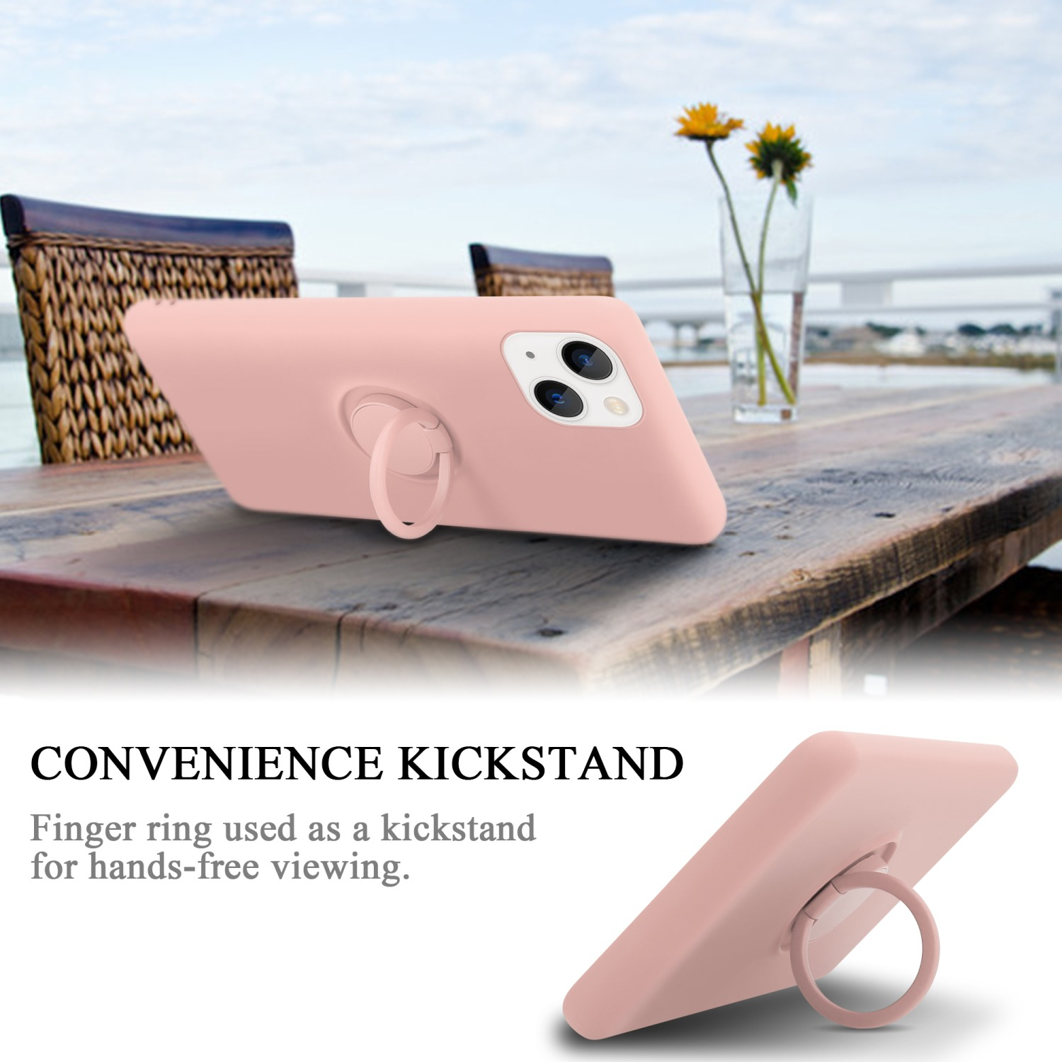 Rosa Handyhülle mit Fingerring, auf einem Holztisch mit sonnigem Hintergrund.