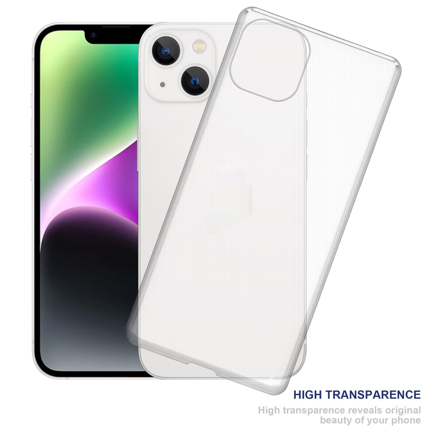 Transparente Handyhülle mit Telefon. Text: Hohe Transparenz zeigt die Schönheit des Telefons.