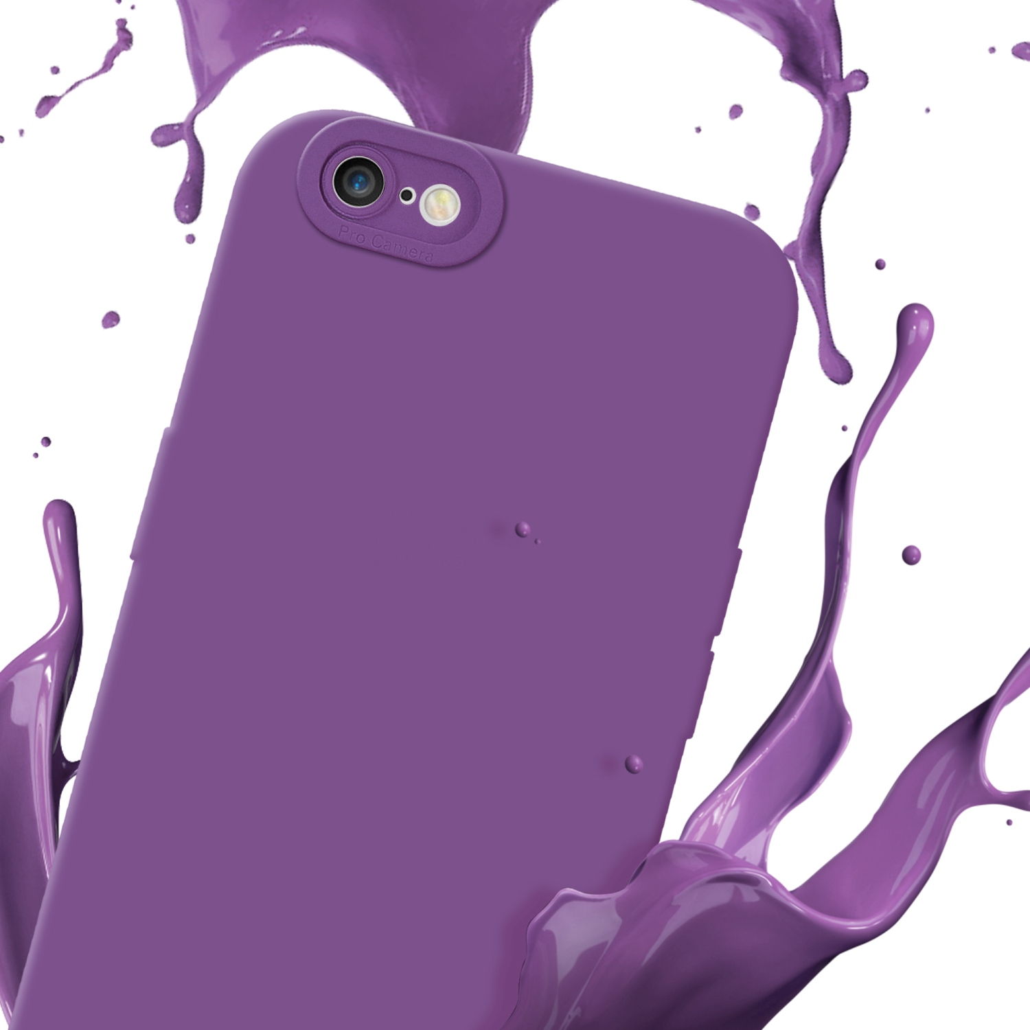 Una custodia per telefono viola con effetto spruzzo di fotocamera, su sfondo bianco. Schizzi di vernice viola.